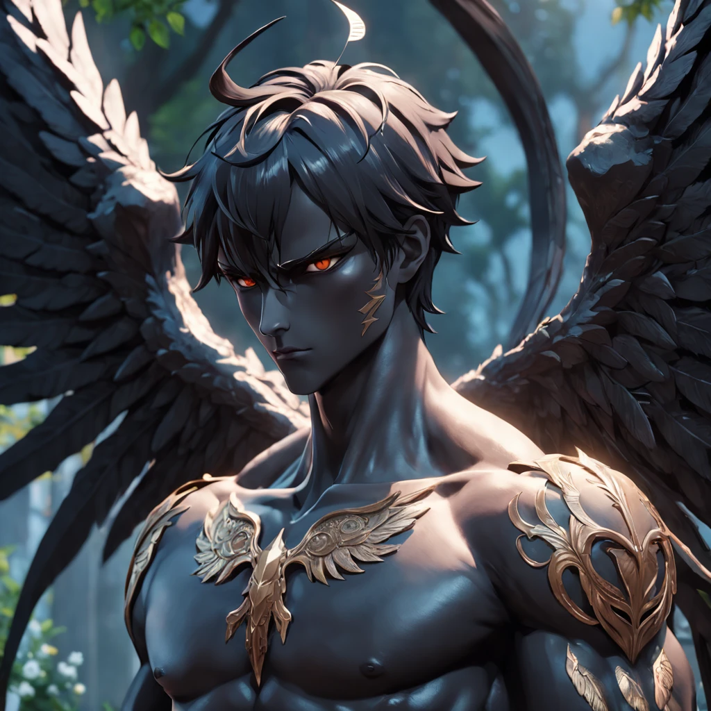 a close up of a black statue-like male with large wings, humanoid male, faceless, angel devoid of a face, lack of facial features, plain face, angel of death, unreal engine render + a god, villain has black wings, no face, plain face, muscular build, garden background, intricate garden background,