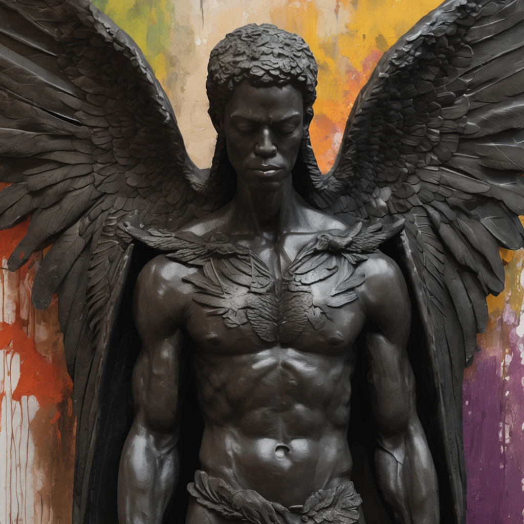 a close up of a black statue-like male with large wings, humanoid male, faceless, angel devoid of a face, lack of facial features, plain face, angel of death, unreal engine render + a god, villain has black wings, no face, plain face, muscular build, garden background, intricate garden background,