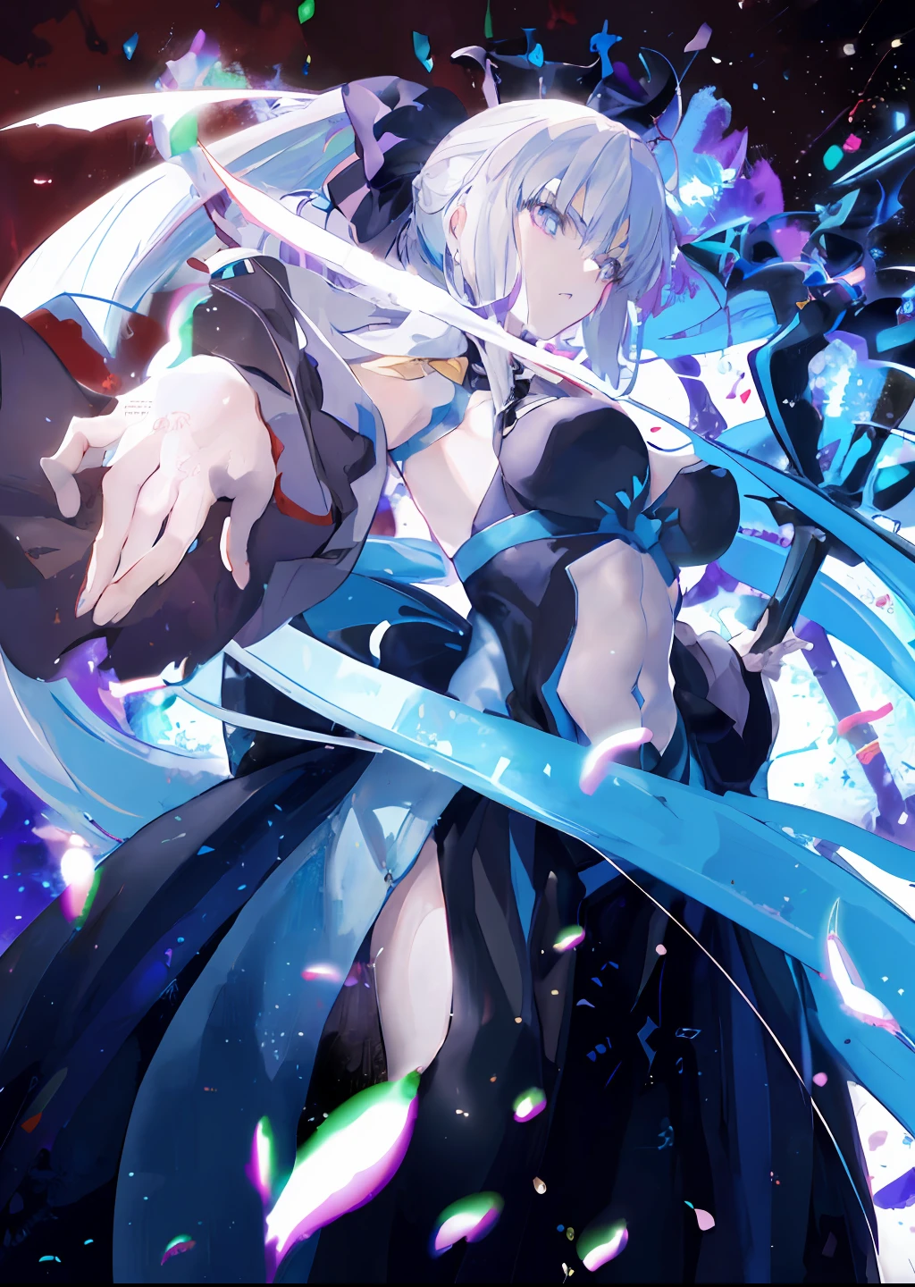 anime girl with sword in a black dress surrounded by blue and purple confetti, detailed key anime art, fate grand order, nightcore, splash art anime loli, ufotable art style, anime style like fate/stay night, best anime 4k konachan wallpaper, epic light novel art cover, anime wallaper, anime style 4 k, high definition anime art