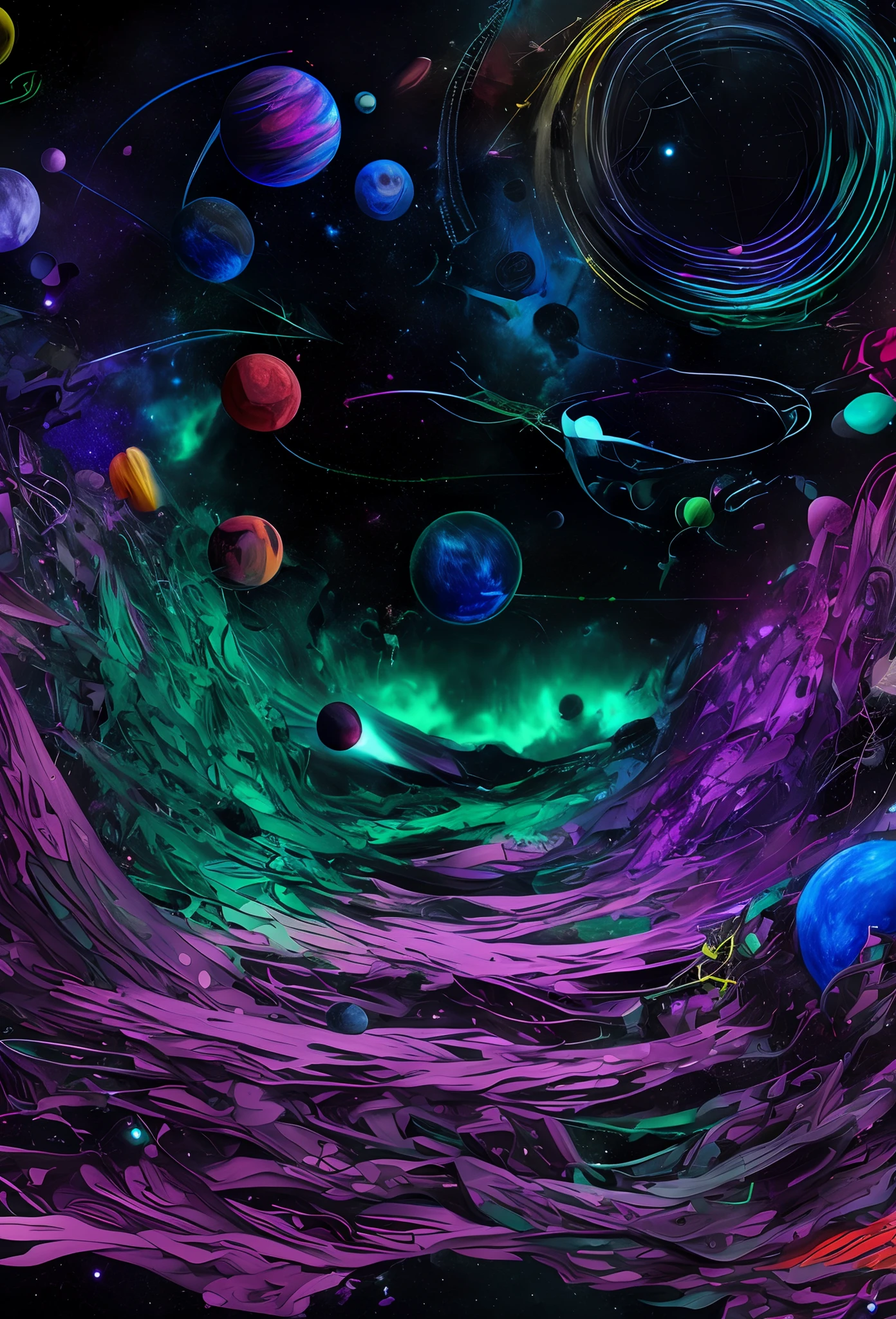 uma pintura de uma cena espacial colorida com planetas e estrelas, Arte digital altamente detalhada em 4k, Arte digital detalhada em 4k, Arte Digital 4K, Sci-Fi Digital Art Illustration, cosmic and colorful, space colors, Arte Digital Widescreen 8K, 8k arte impressionante, arte digital colorida