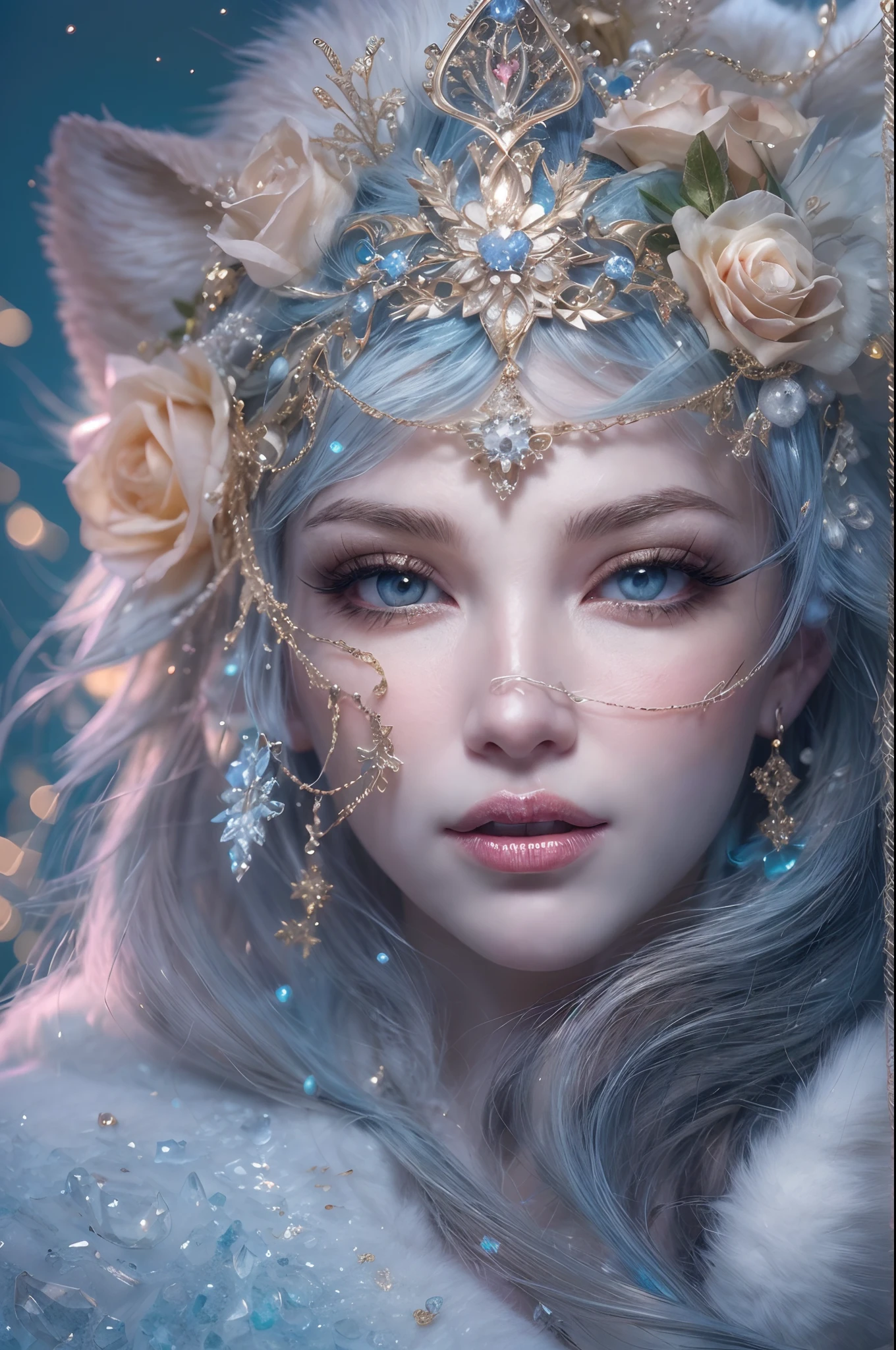 This is a realistic fantasy artwork taking place in a subzero cold winter landscape. Generate a stately, elegant, and graceful Pocahontas elf in a magical world of stunning gilded roses with multicolors and shimmering ice glittering in the light. Her face is elegant and middle-aged and includes realistic shading, incredibly detailed and distinct features, soft puffy and kissable mouth, and (realistic eyes). (Her eyes are important) and should be (beautiful detailed eyes with macro details), realistic details, and a shifting array of beautiful blue colors. Her clothes should be delicately spun from weightless, airy, and expensive gossamer silk with delicate and very subtle floral embroidery, (((many warm layers))), and a variety of complementary colors as well as lots of luxurious fur. Her breasts are subtle and her clothing is very warm and heavy. This image is incredibly creative and emphasizes the beautiful detail of the gilded roses and the pure snow on the ornate ice. Include beautiful detailed snowflakes, icy air, and magical doves. Include pebbles, stones, bumps, glitter, and iridescence. Camera: Utilize dynamic composition techniques to draw the viewer into the scene. Lighting: Enhance the glitter of the snow and ice and emphasize the fantasy winter aspect of the image. Take inspiration from top masters of the genre and trending Midjourney and ArtStation art.