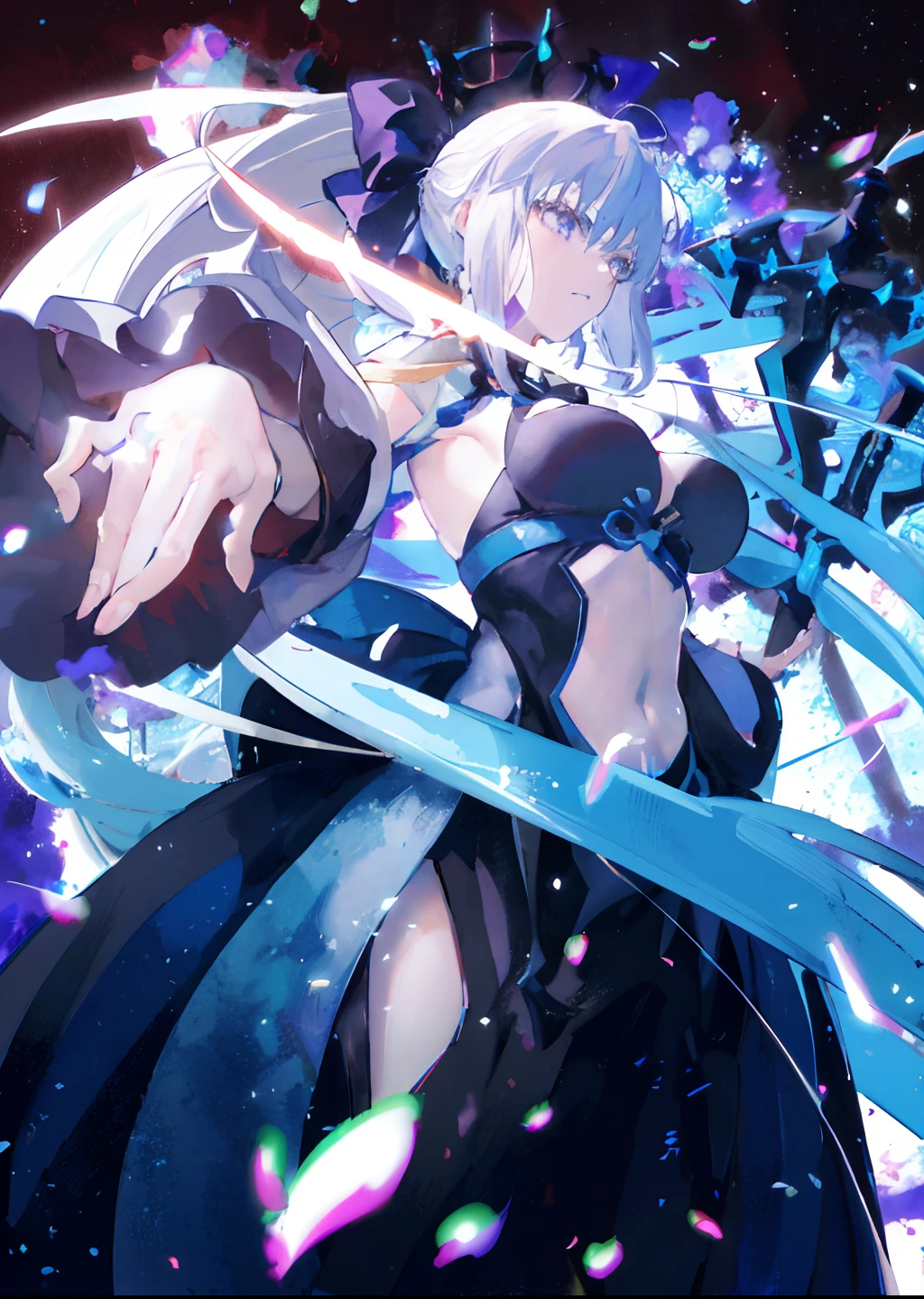 anime girl with sword in a black dress surrounded by blue and purple confetti, detailed key anime art, fate grand order, nightcore, splash art anime , ufotable art style, anime style like fate/stay night, best anime 4k konachan wallpaper, epic light novel art cover, anime wallaper, anime style 4 k, high definition anime art