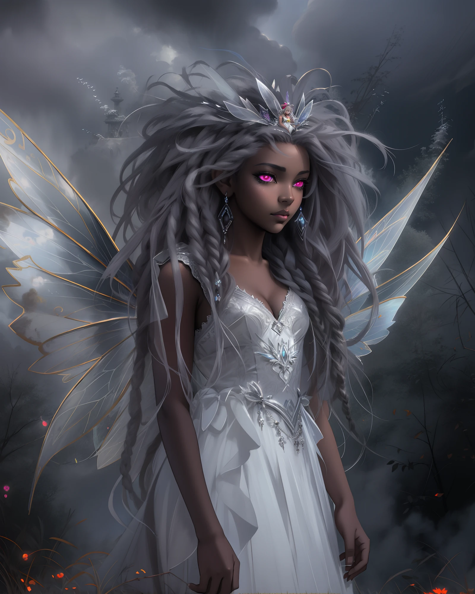 sad hyper realistic, beautiful sad african american dark cloud fairy sark princess fairy, large fairy wings, long silver shiny dreadlocks,white glowing eyes eyes, surrounded my dark thick smoke with silver linings, GIANT FAIRY WINGS, holding a white storm cloud, masterpiece, cinematic,