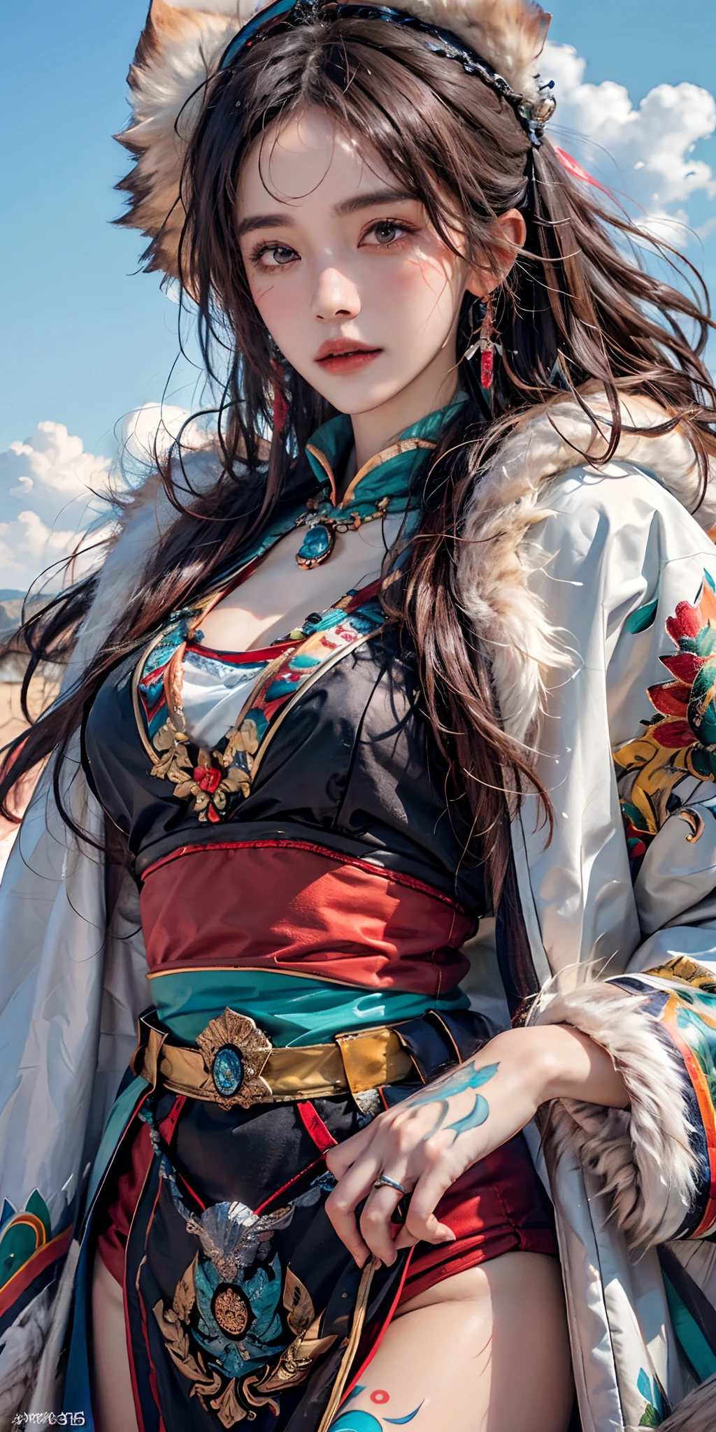 photorealistic, high resolution, soft light,1women, solo, hips up, shining skin, (detailed face), plateau,blue sky,grassland,extreme detailed,torogao, tibet clothes, fur coat, jewelry, tattoo