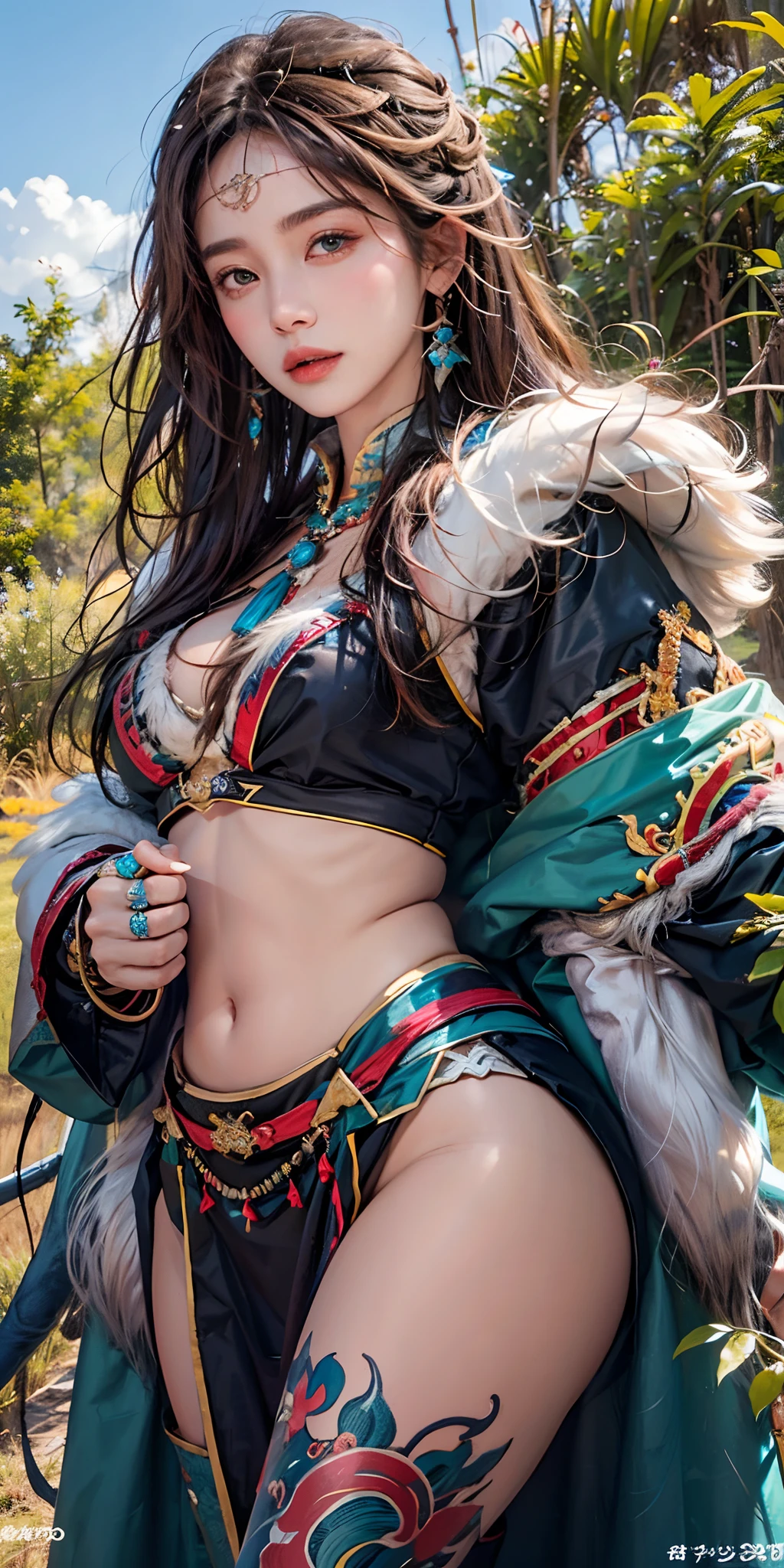 photorealistic, high resolution, soft light,1women, solo, hips up, shining skin, (detailed face), plateau,blue sky,grassland,extreme detailed,torogao, tibet clothes, fur coat, jewelry, tattoo