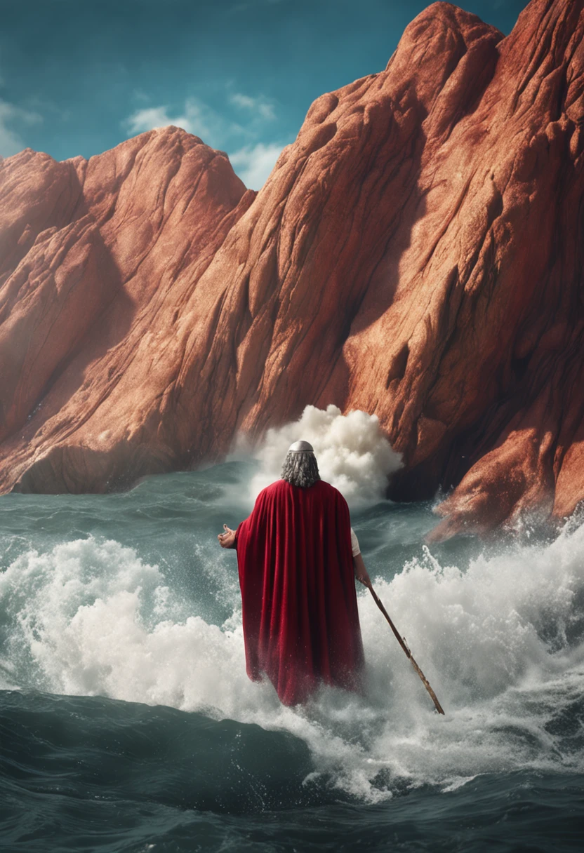 An ultra-realistic photo of Moses opening the red sea.