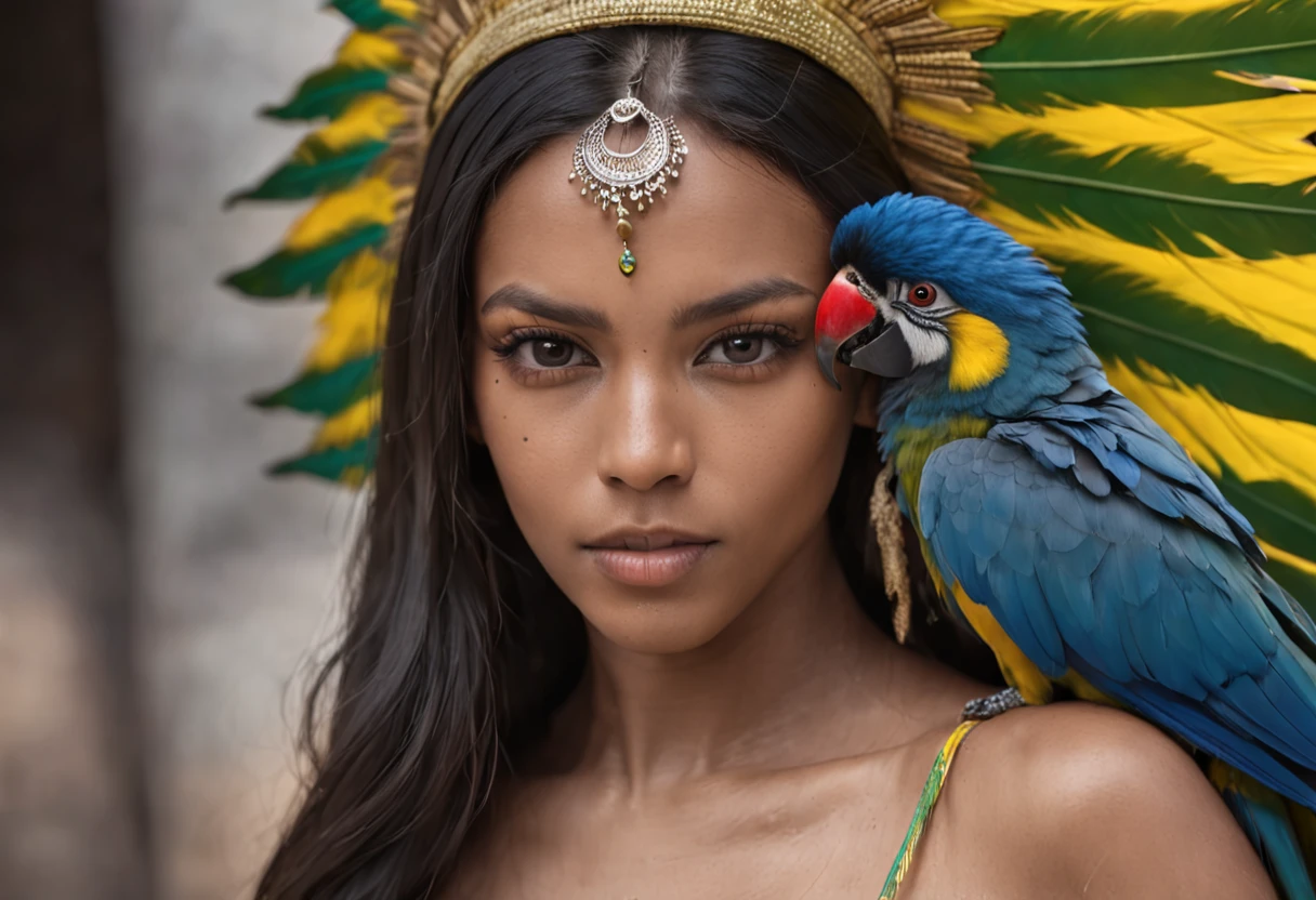 RAW photography Wild Xavante India (black girl:0.7), looking away, serious eyes, full body, the hair is composed of countless macaw blue parrot feather, honey eyes, ((best quality)), ((masterpiece)), ((realistic)), extreme tanned skin, extreme long black straight hair messes over naked boobs, hairy skin, huge macaw blue parrot feather headdress, big cheeks, long legs, curvy, indigenous yellow and green breast painting, breast painted blue and yellow, indigenous yellow and green facial painting, hairy body, huge macaw blue parrot feather necklace, female face, metal carved top, royal aura, trend on artstation, by bugmAIster signature, sharp focus, studio photo, intricate detail, very detailed, detailed eye, illustration, very detailed, sharp focus, digital render, professional, 4k, 50mm portrait photography, hard rim lighting photography–beta –ar 2:3 –beta –upbeta –upbeta
