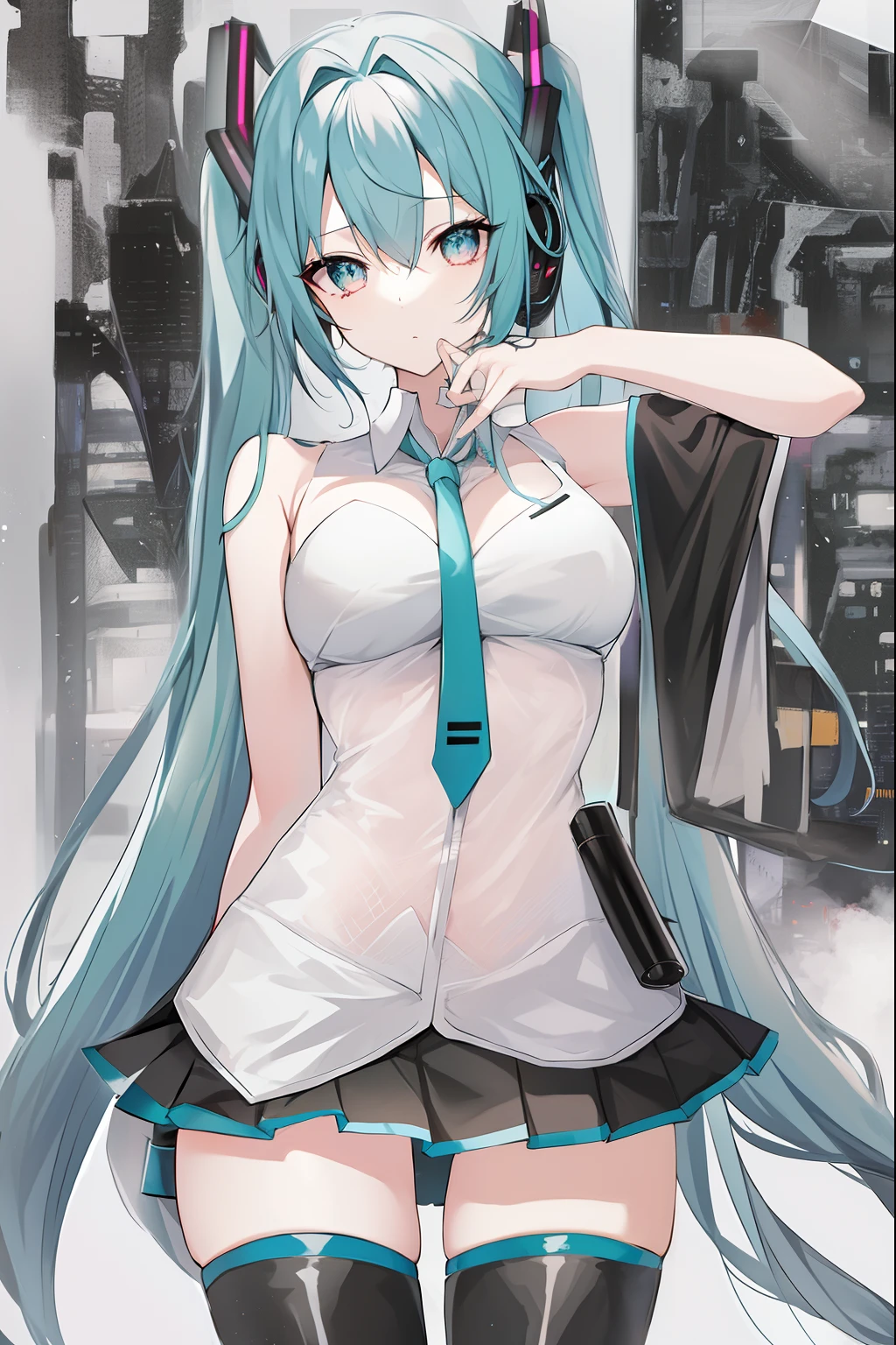 Let's start with a base illustration of a young female character. Adjust hair color to Hatsune Miku's iconic turquoise blue. Styling hair very long, Reach below the waist, With twin tails. Twin tails are evenly balanced、Make sure the top is wrapped properly. Gives hair a shiny look and slightly voluminous texture. Big and young々Creates a cute expression, Expressive eyes. Eye color should be a bright blue shade. Give her a characteristic slim and petite body frame. Remove the distinctive outfit consisting of a sleeveless top, tie, and pleated skirts. Include teal and black shades in the color scheme. Include signature accessories such as futuristic headsets, microphone, Removable sleeve. Optionally, Add knee-high boots or thigh-high socks in matching tones. Provide a backdrop that complements aesthetics, Futuristic cityscape, concert stage with colorful lights, etc.. Due to the complexity of the instructions、Be careful, It can be difficult for AI to accurately generate images based on the exact specifications provided. Draw in sketch style, Similar to Idea Sketch. Drawings that look like they were drawn with a pencil. Messily drawn drawings. Hesitantly drawn picture.