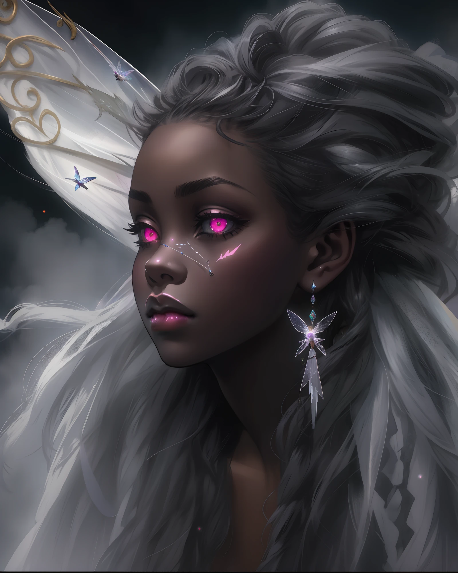 sad hyper realistic, beautiful sad african american dark cloud fairy sark princess fairy, large fairy wings, long silver shiny dreadlocks,white glowing eyes eyes, surrounded my dark thick smoke with silver linings, GIANT FAIRY WINGS, holding a white storm cloud, masterpiece, cinematic,