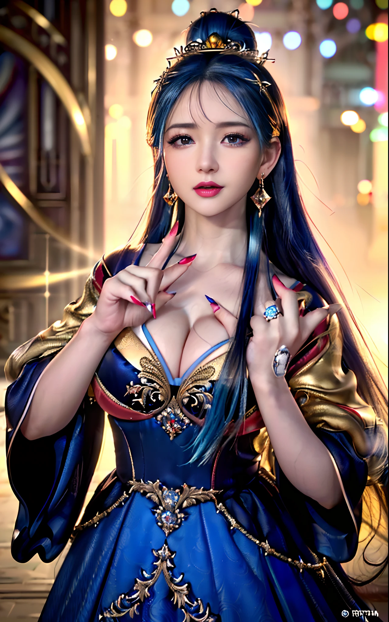 ((realisticity: 1.2)), ((realistic: 8K UHD)), ((best resolution: 8K UHD)), hyper detailed, best quality,masterpiece,highres,cg, ((1 girl hyper detailed and hyper realistic) ) , ((beautiful queen, hyper realistic and hyper detailed)),((white skin, beautiful, smooth, youthful, hyper realistic and hyper detailed )), ((Face hyper beautiful, white, hyper realistic and hyper detailed ) ), long hair, ((hyper realistic and hyper detailed dress)), solo, ((hyper realistic, hyper beautiful, beautiful and hyper detailed jewelry)), ((hyper beautiful deep red and golden yellow dress, hyper realistic and hyper detailed )) , ((Her pretty, hyper realistic, hyper detailed diamond filled earrings)), ((Her gorgeous diamond haircut, hyper realistic and hyper detailed)), ((hyper pretty upper body, hyper beautiful, hyper realistic and hyper detailed) ), ((medium breast: 1.1)), ((hyper realistic, hyper pretty, hyper detailed boobs)), ((the backgroun of the royal palace is hyper majestic, hyper realistic and hyper detailed)),((hands and palms hyper beautiful, hyper detailed, hyper realistic)), ((hyper detailed and hyper realistic fingers and fingernails)), ((hyper pretty fingernails, hyper vivid, hyper detailed, hyper realistic)), ((thumb, index finger, middle finger, ring finger, little finger hyper vivid, hyper pretty, hyper detailed, hyper realistic)), ((hyper beautiful fingers, hyper detailed, and hyper realistic)), ((posture not too fat and not too thin, hyper realistic, hyper detail)), ((hyper pretty, hyper pretty, hyper realistic and hyper detailed hair bun)), ((hyper pretty , hyper realistic and hyper detailed blue hair)), candid, Photo, high resolution, 8k , bokeh,