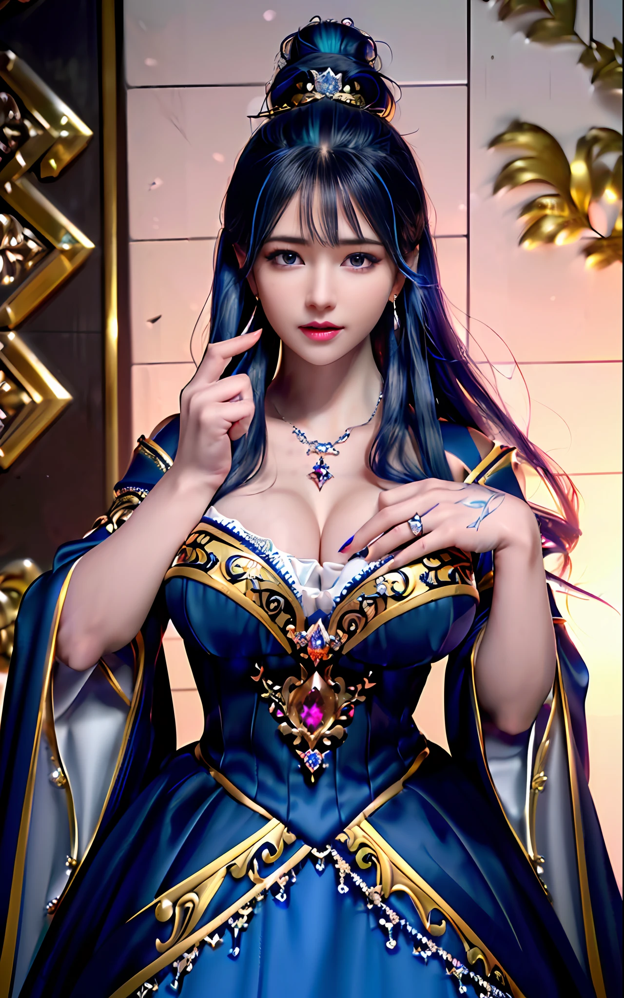 ((realisticity: 1.2)), ((realistic: 8K UHD)), ((best resolution: 8K UHD)), hyper detailed, best quality,masterpiece,highres,cg, ((1 girl hyper detailed and hyper realistic) ) , ((beautiful queen, hyper realistic and hyper detailed)),((white skin, beautiful, smooth, youthful, hyper realistic and hyper detailed )), ((Face hyper beautiful, white, hyper realistic and hyper detailed ) ), long hair, ((hyper realistic and hyper detailed dress)), solo, ((hyper realistic, hyper beautiful, beautiful and hyper detailed jewelry)), ((hyper beautiful deep red and golden yellow dress, hyper realistic and hyper detailed )) , ((Her pretty, hyper realistic, hyper detailed diamond filled earrings)), ((Her gorgeous diamond haircut, hyper realistic and hyper detailed)), ((hyper pretty upper body, hyper beautiful, hyper realistic and hyper detailed) ), ((medium breast: 1.1)), ((hyper realistic, hyper pretty, hyper detailed boobs)), ((the backgroun of the royal palace is hyper majestic, hyper realistic and hyper detailed)),((hands and palms hyper beautiful, hyper detailed, hyper realistic)), ((hyper detailed and hyper realistic fingers and fingernails)), ((hyper pretty fingernails, hyper vivid, hyper detailed, hyper realistic)), ((thumb, index finger, middle finger, ring finger, little finger hyper vivid, hyper pretty, hyper detailed, hyper realistic)), ((hyper beautiful fingers, hyper detailed, and hyper realistic)), ((posture not too fat and not too thin, hyper realistic, hyper detail)), ((hyper pretty, hyper pretty, hyper realistic and hyper detailed hair bun)), ((hyper pretty , hyper realistic and hyper detailed blue hair)), candid, Photo, high resolution, 8k , bokeh,