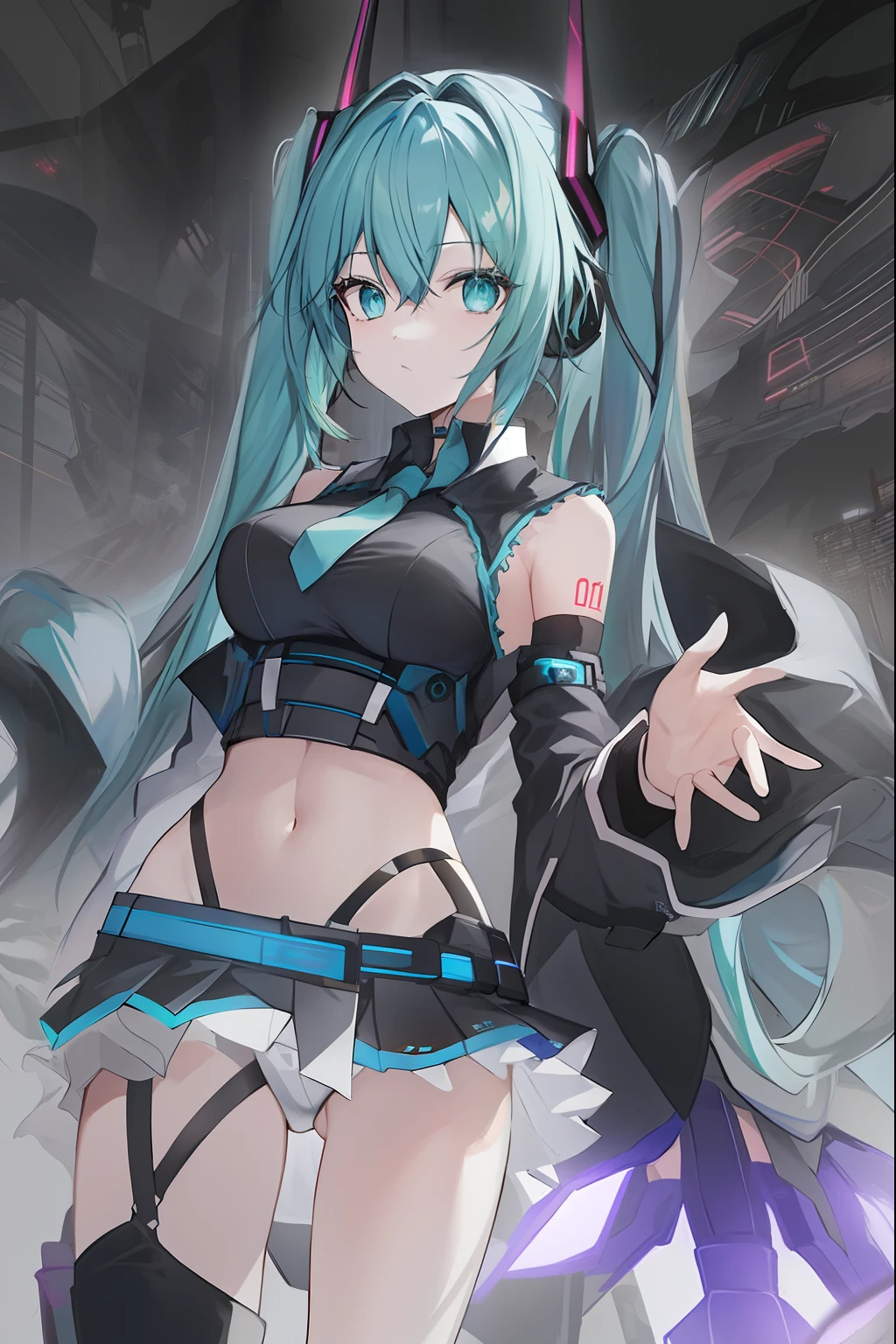 Let's start with a base illustration of a young female character. Adjust hair color to Hatsune Miku's iconic turquoise blue. Styling hair very long, Reach below the waist, With twin tails. Twin tails are evenly balanced、Make sure the top is wrapped properly. Gives hair a shiny look and slightly voluminous texture. Big and young々Creates a cute expression, Expressive eyes. Eye color should be a bright blue shade. Give her a characteristic slim and petite body frame. Remove the distinctive outfit consisting of a sleeveless top, tie, and pleated skirts. Include teal and black shades in the color scheme. Include signature accessories such as futuristic headsets, microphone, Removable sleeve. Optionally, Add knee-high boots or thigh-high socks in matching tones. Provide a backdrop that complements aesthetics, Futuristic cityscape, concert stage with colorful lights, etc.. Due to the complexity of the instructions、Be careful, It can be difficult for AI to accurately generate images based on the exact specifications provided. Draw in sketch style, Similar to Idea Sketch. Drawings that look like they were drawn with a pencil. Messily drawn drawings. Hesitantly drawn picture.