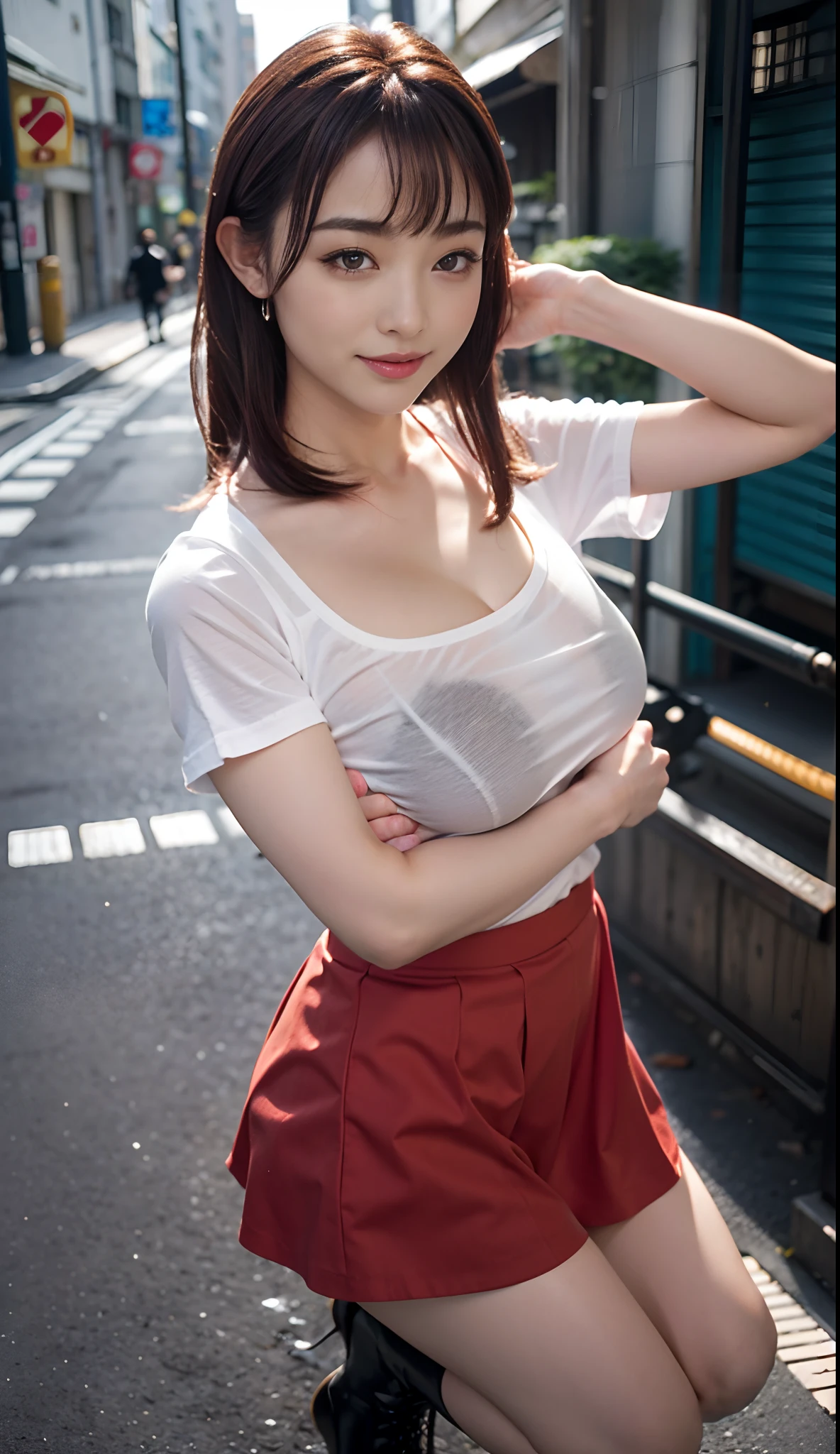 in 8K、超A high resolution、Best Quality、masutepiece (Large breasts、Colossal tits、cleavage of the breast:1.65)(Small white t-shirt in tight size、Red Micro Mini Pleated Skirt、Keep a tight white t-shirt inside your skirt:1.48)(in a tokyo street:1.3) (Black hair semi-long:1.25)Smiling happily、Big eyes、Distinct double eyelids、Lashes、Highlights in the eyes、Light brown eyes、Pinclip Gloss、piercings、Black Enamel Knee-High Boots、(Open your legs wide to the sides、Beautiful long legs)