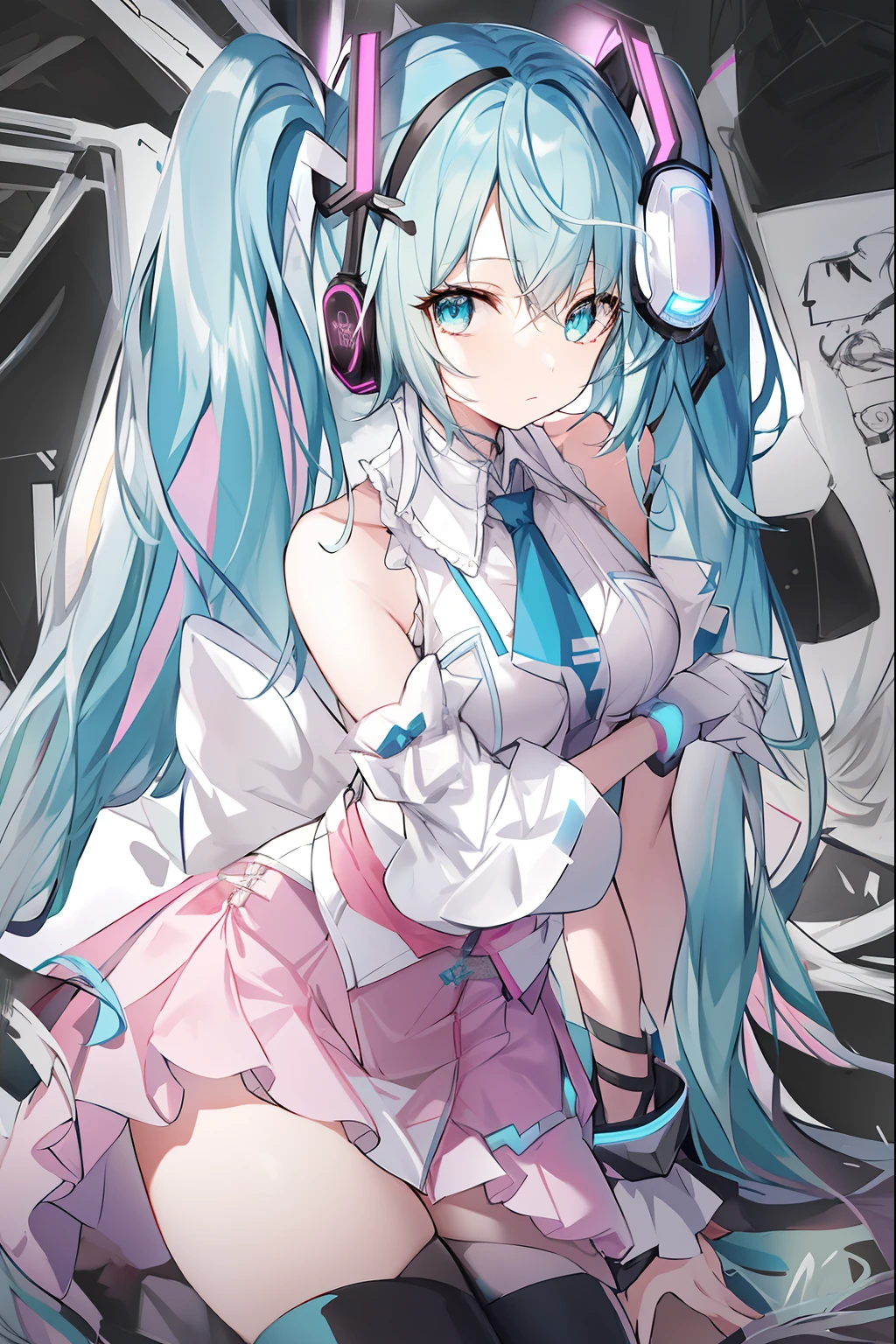 Let's start with a base illustration of a young female character. Adjust hair color to Hatsune Miku's iconic turquoise blue. Styling hair very long, Reach below the waist, With twin tails. Twin tails are evenly balanced、Make sure the top is wrapped properly. Gives hair a shiny look and slightly voluminous texture. Big and young々Creates a cute expression, Expressive eyes. Eye color should be a bright blue shade. Give her a characteristic slim and petite body frame. Remove the distinctive outfit consisting of a sleeveless top, tie, and pleated skirts. Include teal and black shades in the color scheme. Include signature accessories such as futuristic headsets, microphone, Removable sleeve. Optionally, Add knee-high boots or thigh-high socks in matching tones. Provide a backdrop that complements aesthetics, Futuristic cityscape, concert stage with colorful lights, etc.. Due to the complexity of the instructions、Be careful, It can be difficult for AI to accurately generate images based on the exact specifications provided. Draw in sketch style, Similar to Idea Sketch. Drawings that look like they were drawn with a pencil. Messily drawn drawings. Hesitantly drawn picture.
