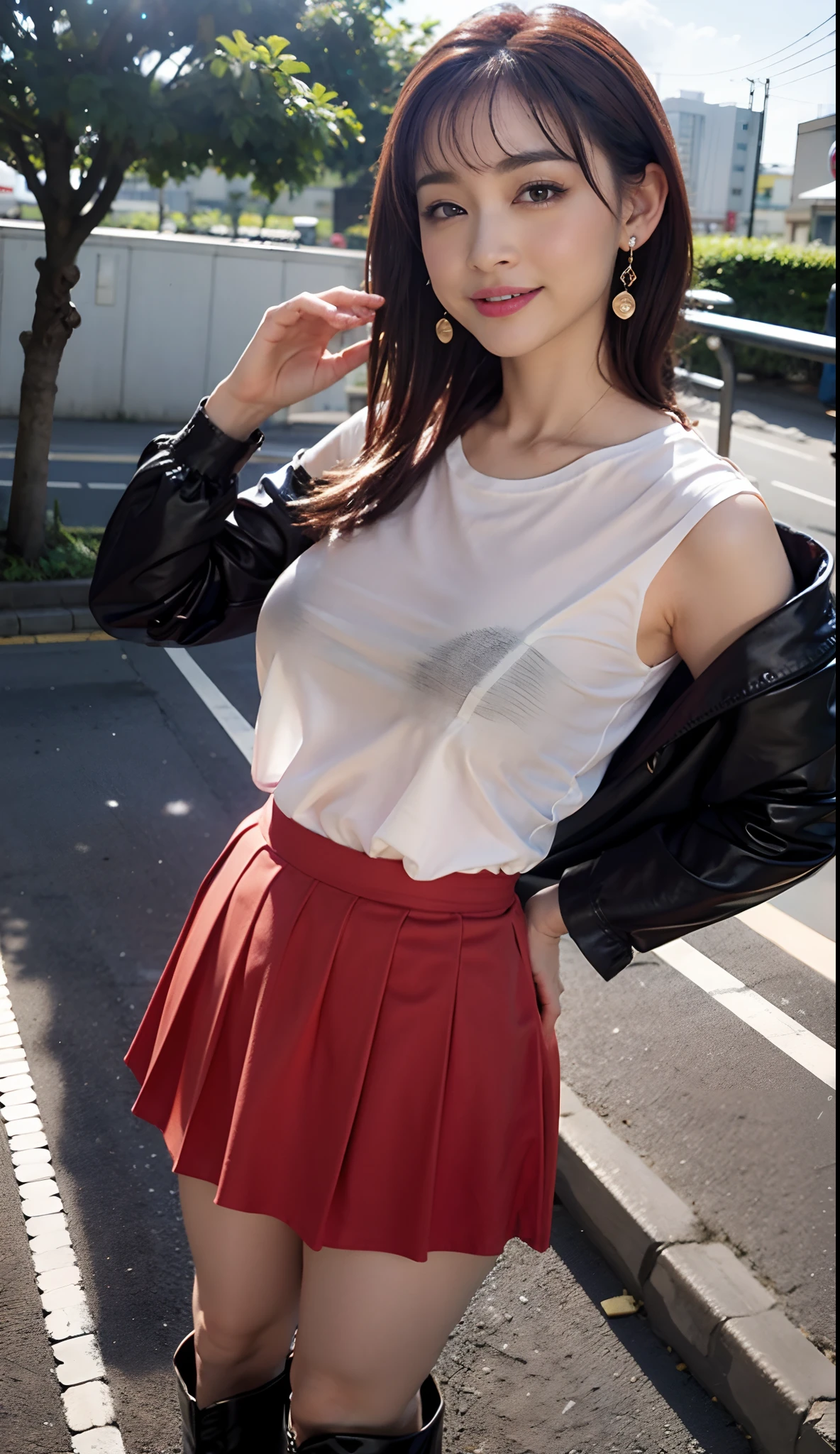 in 8K、超A high resolution、Best Quality、masutepiece (Large breasts、Colossal tits、cleavage of the breast:1.65)(Small white t-shirt in tight size、Red Micro Mini Pleated Skirt、Keep a tight white t-shirt inside your skirt:1.48)(in a tokyo street:1.3) (Black hair semi-long:1.25)Smiling happily、Big eyes、Distinct double eyelids、Lashes、Highlights in the eyes、Light brown eyes、Pinclip Gloss、piercings、Black Enamel Knee-High Boots、(Open your legs wide to the sides、Beautiful long legs)