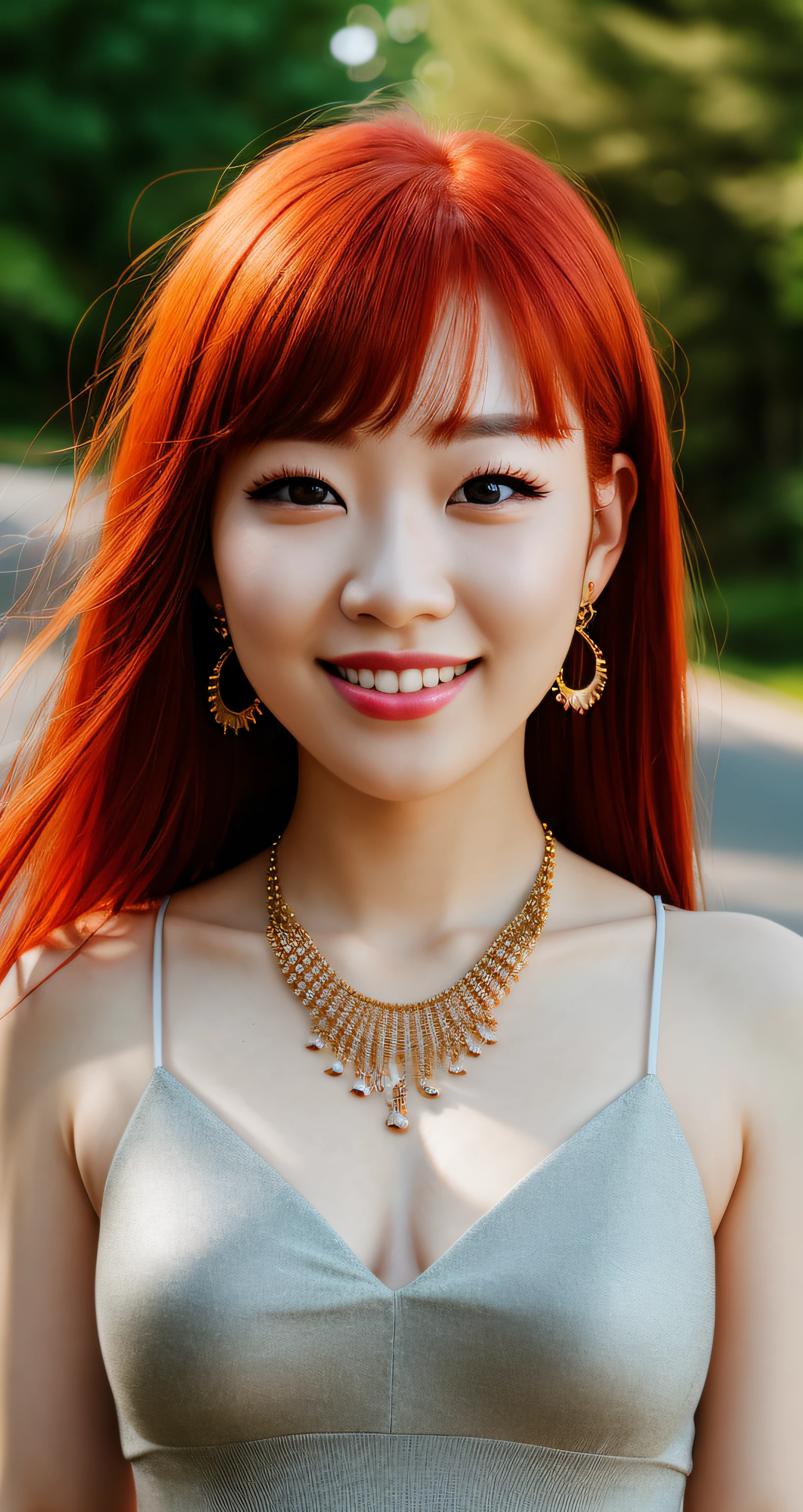 8k, RAW photo, portrait, best quality, ultra high res, photorealistic, korean,
1girl, red hair, earrings, necklace, car, grin, eyelashes,cinematic lighting, depth of field, lens flare,