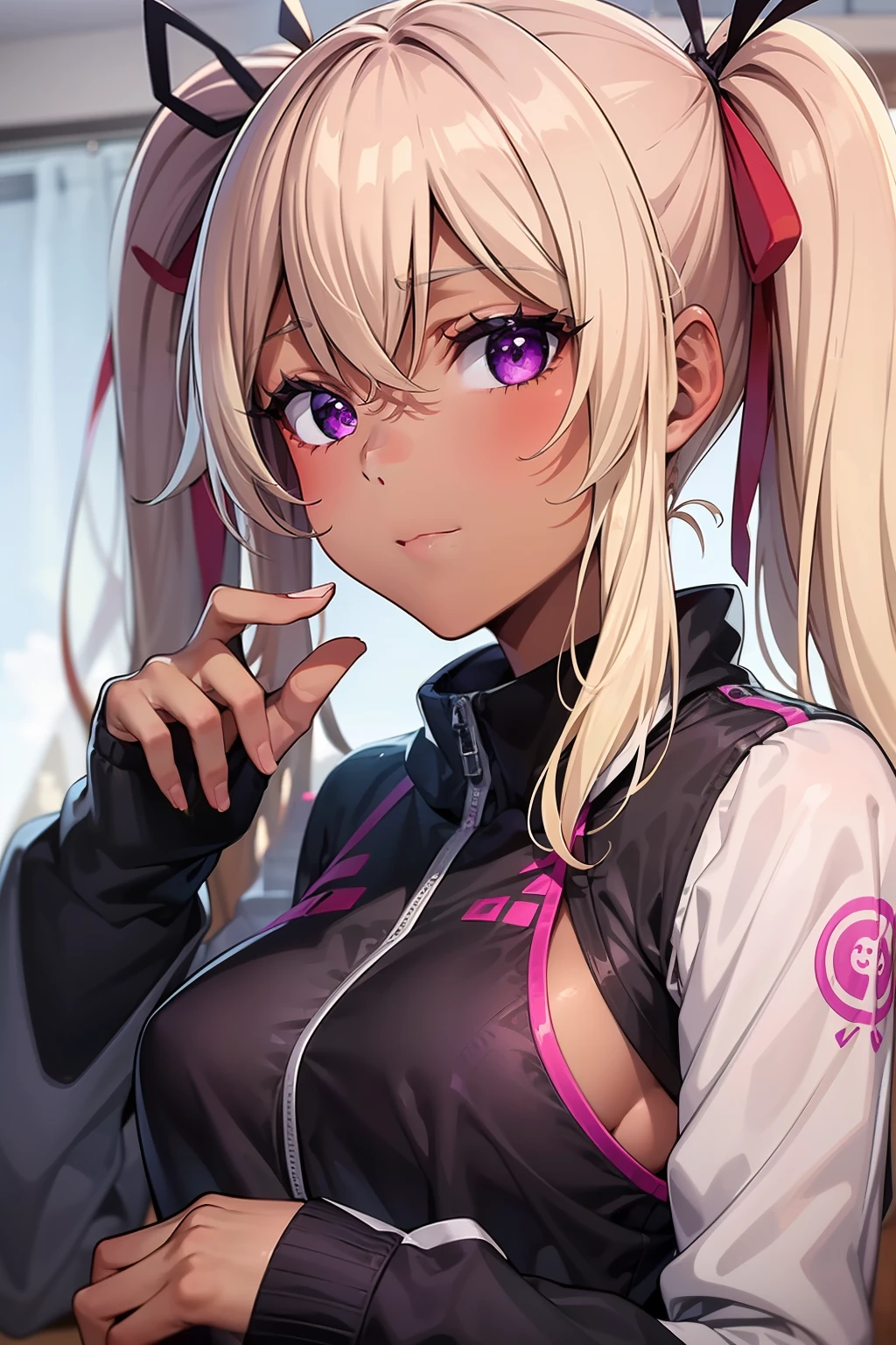 (masterpiece, best quality, ultra-detailed), 1girl, purple eyes, blonde hair, dark skin, twintails, looking at viewer