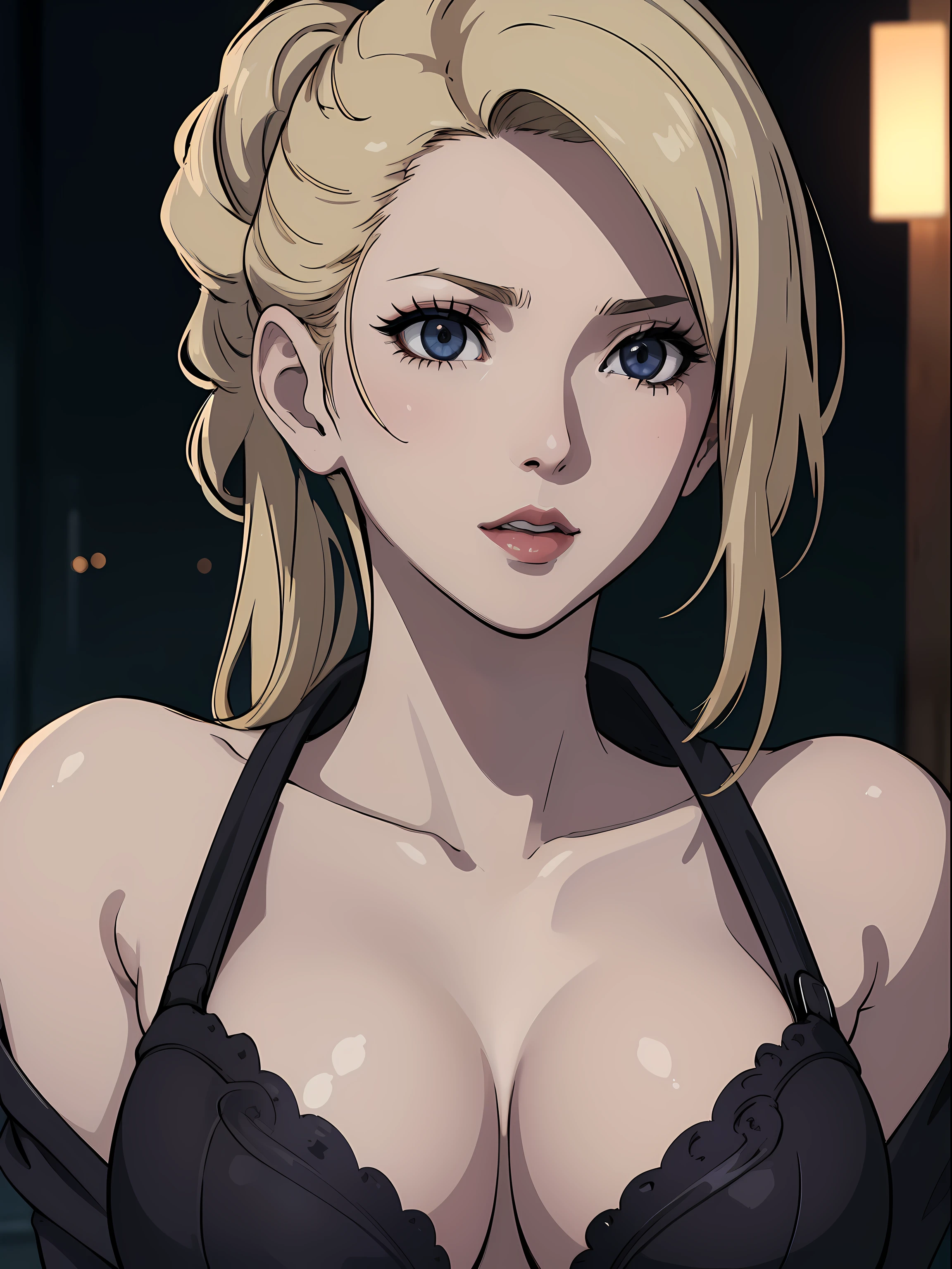 Best quality, masterpiece, ultra high res, 1girl, sexy, in the dark, deep shadow, low key, cold light, milf, dynamic light, cinematic lighting, cinematic lighting, down blouse, mature woman, middle parted hair, nsfw, natural breast, upper body, milf, nsfw, scarlet, final fantasy, blonde, face closeup