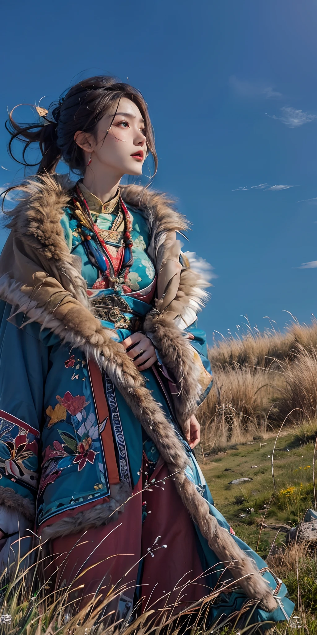 photorealistic, high resolution, soft light,1women, solo, hips up, shining skin, (detailed face), plateau,blue sky,grassland,extreme detailed,torogao, tibet clothes, fur coat, jewelry, tattoo