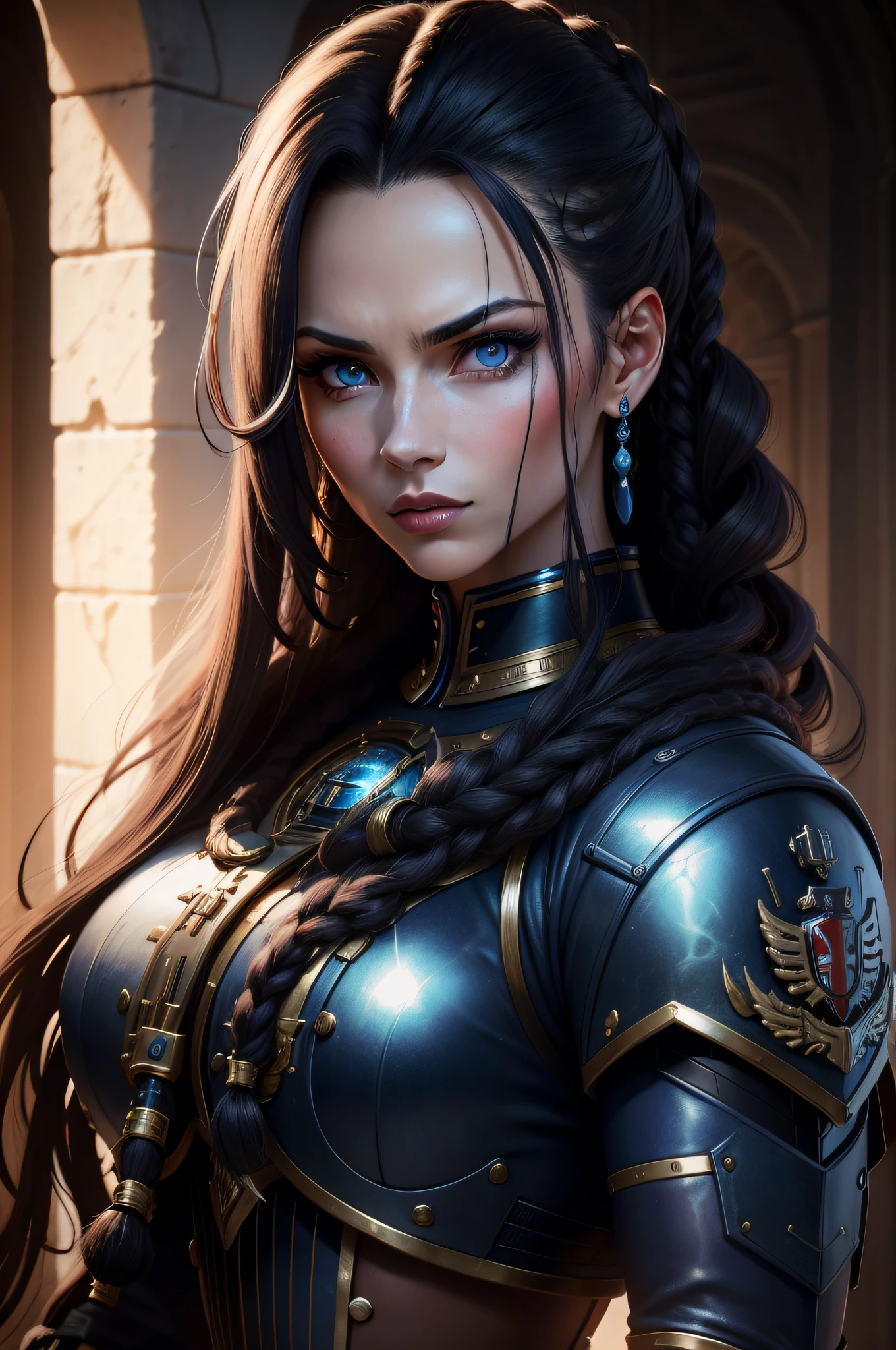 close up, face photo, brunette brazilian woman, amazing, fine details, absurd, highly detailed, anatomical, hyper realistic texture, dramatic lighting, aggression, flirting with the camera, natural skin texture, bokeh, sharp features, castlevania inspired
