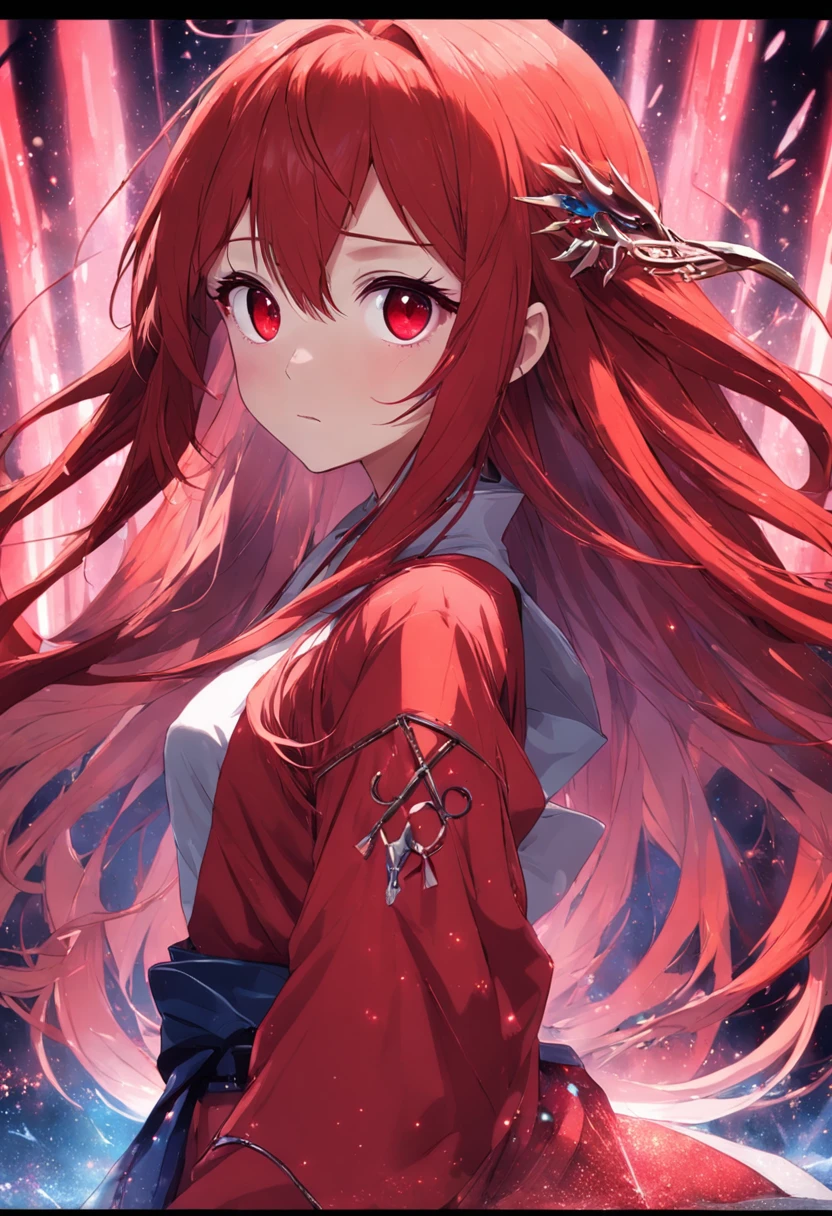 Kizi，Red long-haired，red color eyes，big sword，pastels，glitters。