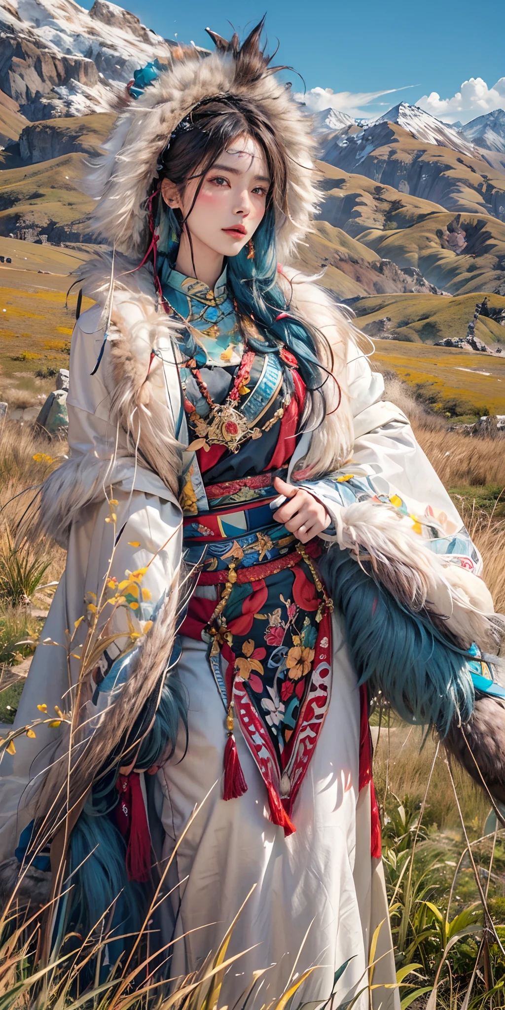 photorealistic, high resolution, soft light,1women, solo, hips up, shining skin, (detailed face), plateau,blue sky,grassland,extreme detailed,torogao, tibet clothes, fur coat, jewelry, tattoo