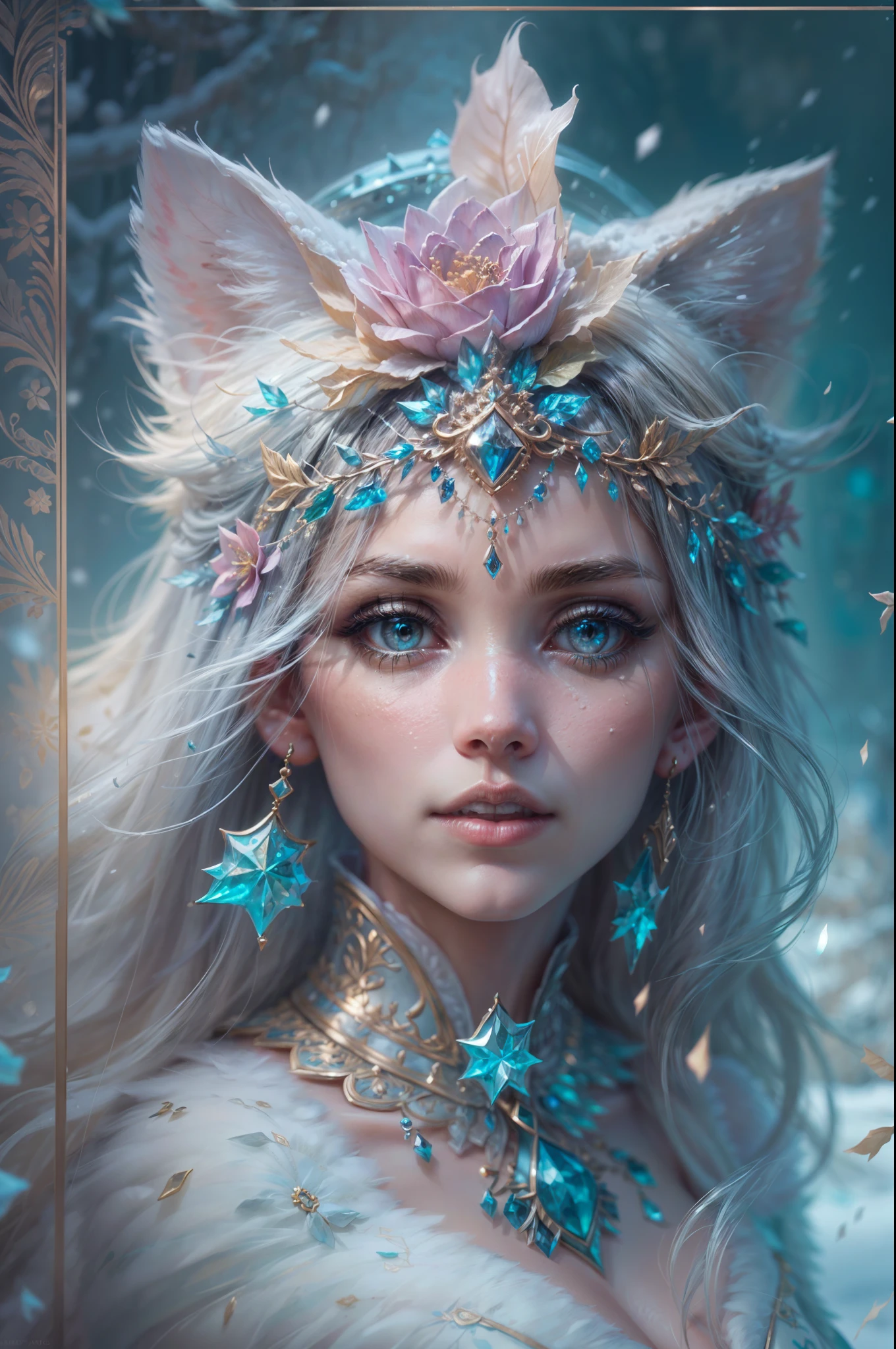 This is a realistic fantasy artwork taking place in a subzero cold winter landscape. Generate a stately, elegant, and graceful Pocahontas elf in a magical world of stunning gilded roses with multicolors and shimmering ice glittering in the light. Her face is elegant and middle-aged and includes realistic shading, incredibly detailed and distinct features, soft puffy and kissable mouth, and (realistic eyes). (Her eyes are important) and should be (beautiful detailed eyes with macro details), realistic details, and a shifting array of beautiful blue colors. Her clothes should be delicately spun from weightless, airy, and expensive gossamer silk with delicate and very subtle floral embroidery, (((many warm layers))), and a variety of complementary colors as well as lots of luxurious fur. Her breasts are subtle and her clothing is very warm and heavy. This image is incredibly creative and emphasizes the beautiful detail of the gilded roses and the pure snow on the ornate ice. Include beautiful detailed snowflakes, icy air, and magical doves. Include pebbles, stones, bumps, glitter, and iridescence. Camera: Utilize dynamic composition techniques to draw the viewer into the scene. Lighting: Enhance the glitter of the snow and ice and emphasize the fantasy winter aspect of the image. Take inspiration from top masters of the genre and trending Midjourney and ArtStation art.