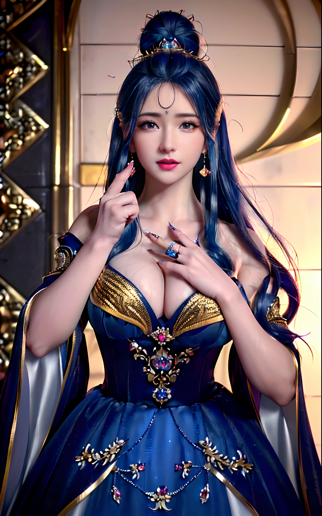 ((realisticity: 1.2)), ((realistic: 8K UHD)), ((best resolution: 8K UHD)), hyper detailed, best quality,masterpiece,highres,cg, ((1 girl hyper detailed and hyper realistic) ) , ((beautiful queen, hyper realistic and hyper detailed)),((white skin, beautiful, smooth, youthful, hyper realistic and hyper detailed )), ((Face hyper beautiful, white, hyper realistic and hyper detailed ) ), long hair, ((hyper realistic and hyper detailed dress)), solo, ((hyper realistic, hyper beautiful, beautiful and hyper detailed jewelry)), ((hyper beautiful deep red and golden yellow dress, hyper realistic and hyper detailed )) , ((Her pretty, hyper realistic, hyper detailed diamond filled earrings)), ((Her gorgeous diamond haircut, hyper realistic and hyper detailed)), ((hyper pretty upper body, hyper beautiful, hyper realistic and hyper detailed) ), ((medium breast: 1.1)), ((hyper realistic, hyper pretty, hyper detailed boobs)), ((the backgroun of the royal palace is hyper majestic, hyper realistic and hyper detailed)),((hands and palms hyper beautiful, hyper detailed, hyper realistic)), ((hyper detailed and hyper realistic fingers and fingernails)), ((hyper pretty fingernails, hyper vivid, hyper detailed, hyper realistic)), ((thumb, index finger, middle finger, ring finger, little finger hyper vivid, hyper pretty, hyper detailed, hyper realistic)), ((hyper beautiful fingers, hyper detailed, and hyper realistic)), ((posture not too fat and not too thin, hyper realistic, hyper detail)), ((hyper pretty, hyper pretty, hyper realistic and hyper detailed hair bun)), ((hyper pretty , hyper realistic and hyper detailed blue hair)), candid, Photo, high resolution, 8k , bokeh,