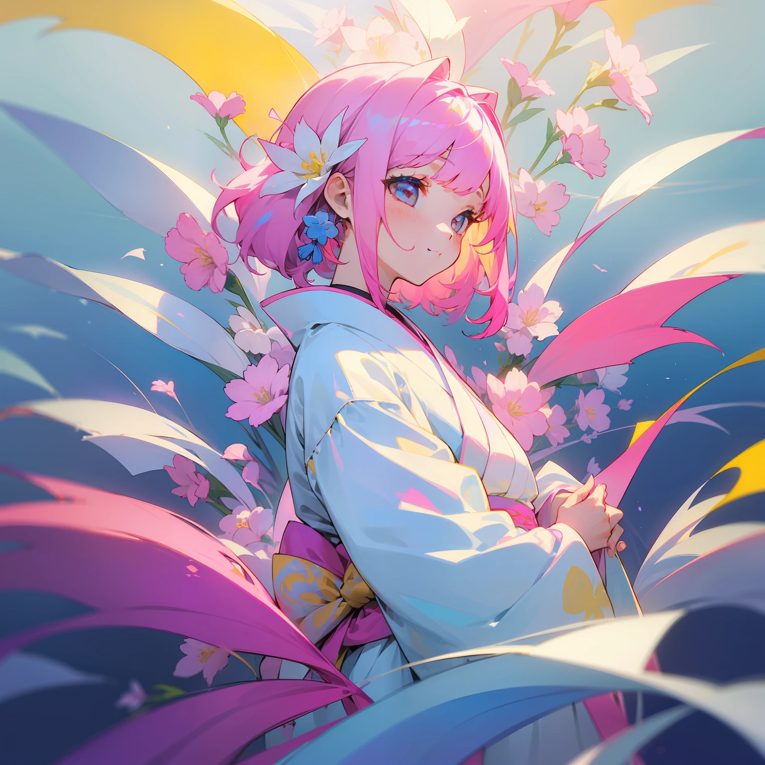 (Beautifully Aesthetic:1.2)、(1girl in:1.3)、(Colorful hair with white and pink and yellow color:1.2)、Wearing a colorful white kimono、Campanula flowers、Expressing gratitude, sincere love, empathy, moderation, and thoughts、sacredness、mistic、Beautiful fece、doa、frontage、wish、