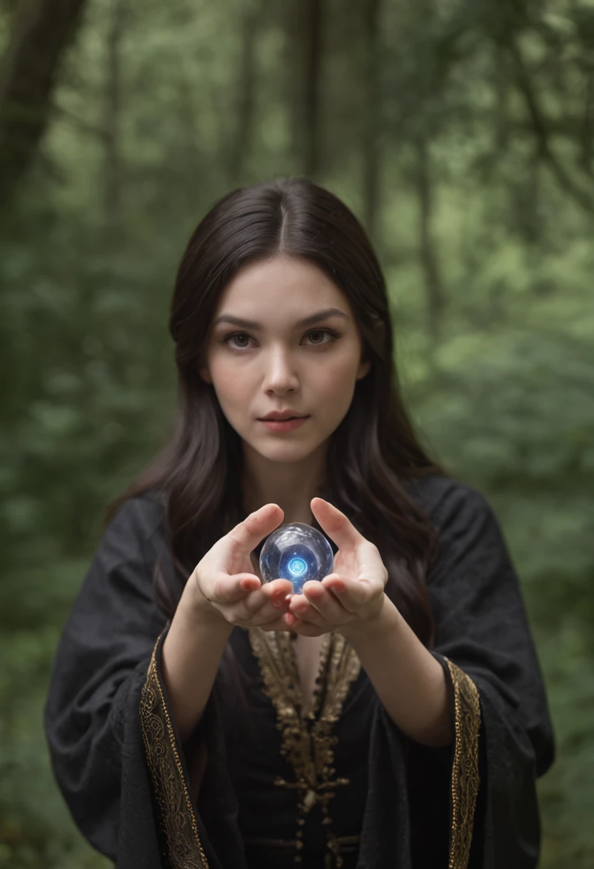 Magic Circle, trigram, Wizard Casting Spells, Shining magic circle, Wrath of the Earth, Wizard Girl, Crystal ball, wearing black robe, Objects in the room floating in the air,