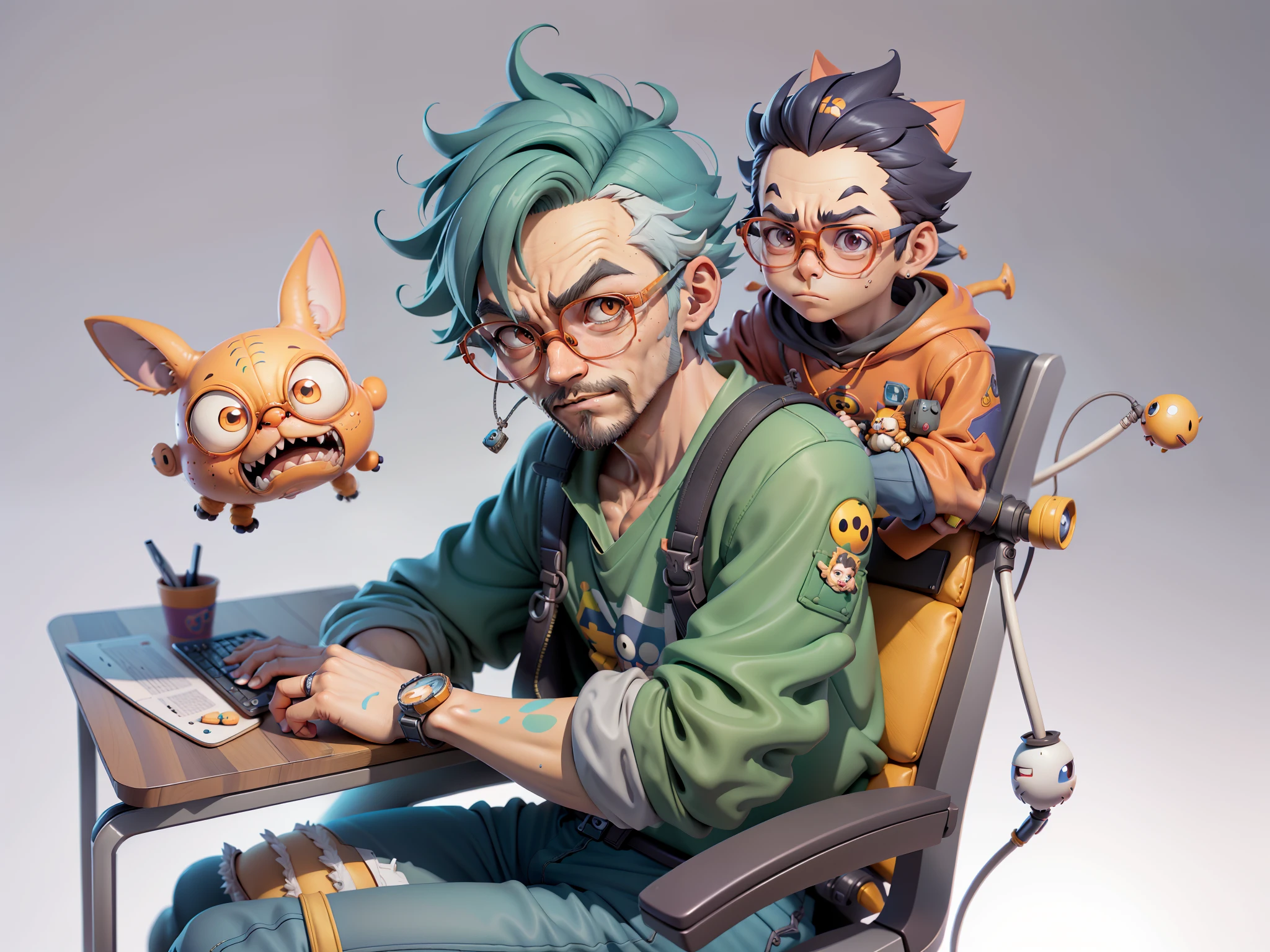 A young man with glasses sits at his desk,holding laptop,digitial painting,3D character design by Mark Clairen and Pixar and Hayao Miyazaki and Akira Toriyama,4K HD illustration,Very detailed facial features and cartoon-style visuals。