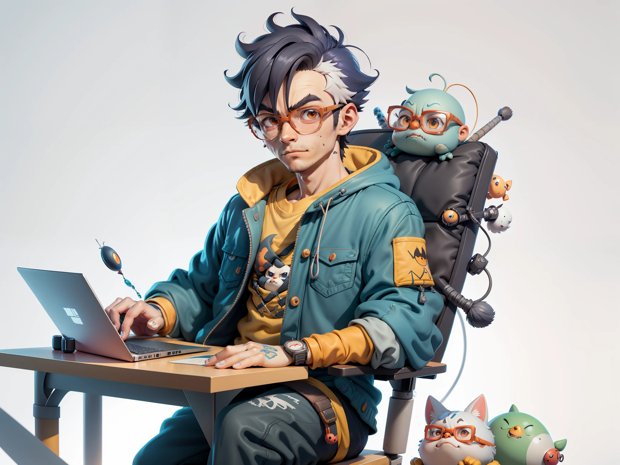 A young man with glasses sits at his desk,holding laptop,digitial painting,3D character design by Mark Clairen and Pixar and Hayao Miyazaki and Akira Toriyama,4K HD illustration,Very detailed facial features and cartoon-style visuals。