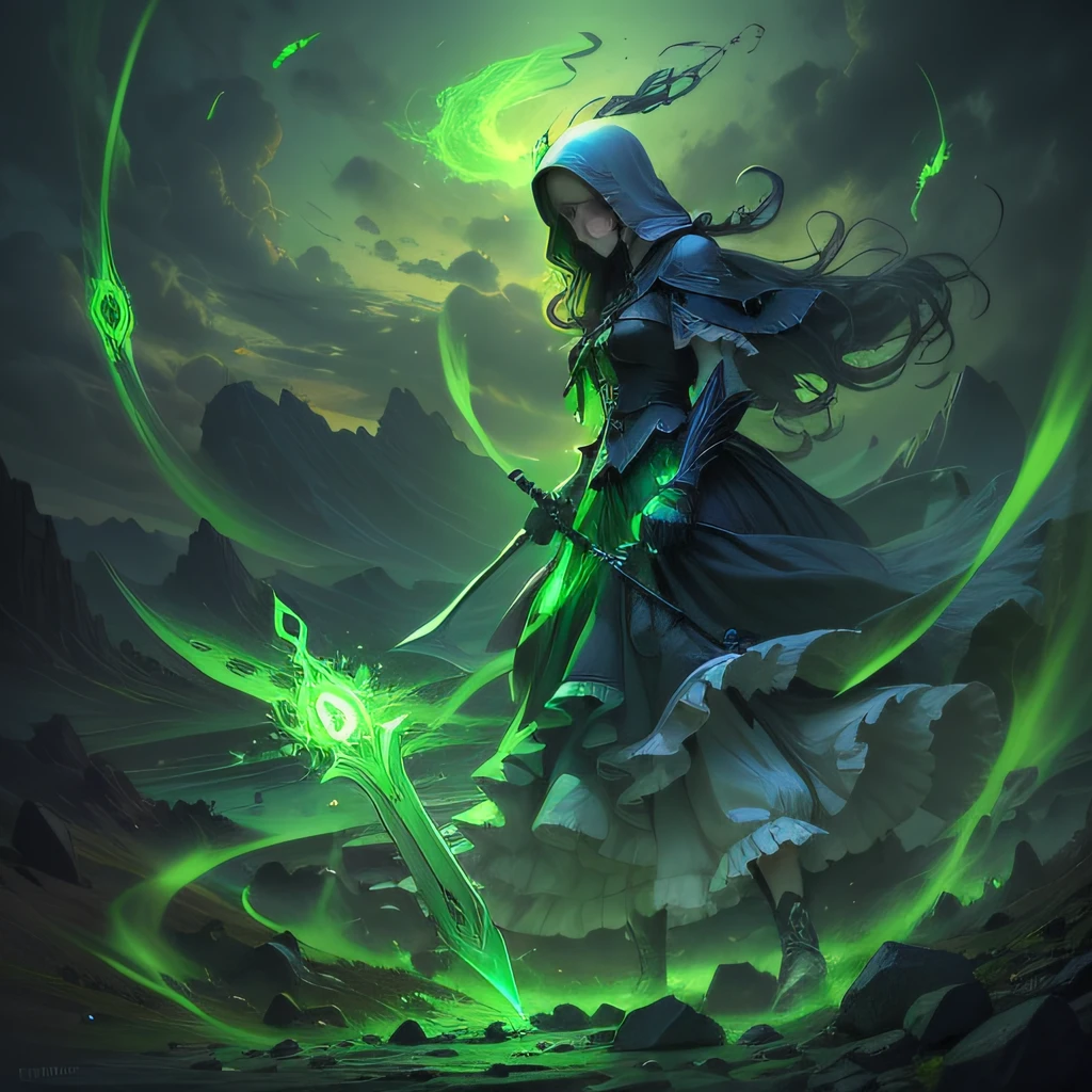 Serrated ghost blade permeated by souls of the dead, Whirling spirits emit a sinister green glow