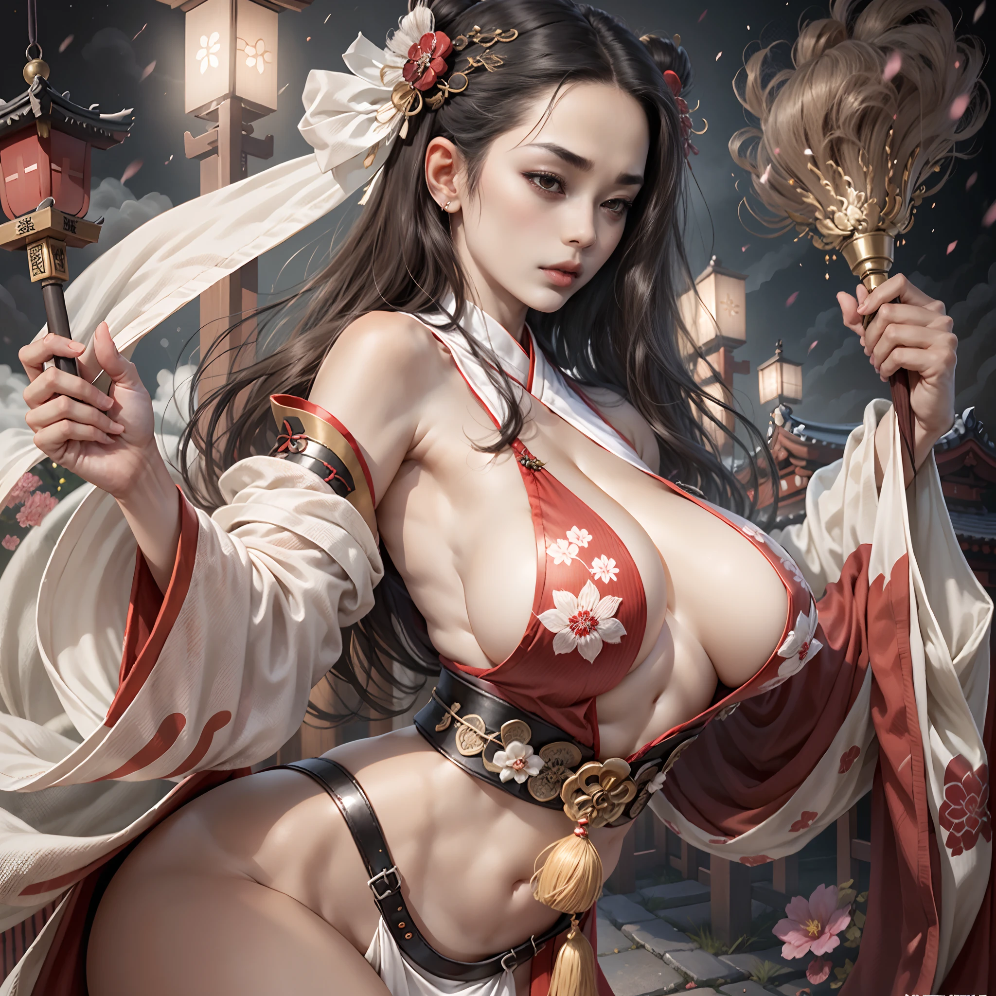 It's an erotic scene between a shinto miko priestess and a female yurei anthrophomorphic ghost. There's a Caucasian Miko, that is, a Shinto young priestess. She has the traditional Miko dress so she wears a white robe known as a hakui with a pair of red hakama known as hibakama. She' s in a japanese Shinto shrine at night. Something is going on here: there is a beautiful female Japanese ghost, all in white, with long black hair and a tenkan on the head. The Miko is wielding a Gohei staff,  those used by shinto priestessess to exorcize evil. She's shaking it in front of the yurei female ghost who uses her abnormally long tongue to lick the cleavage the huge breasts of the miko with a lewd face. The miko is  but shy. (((sideboobs))), (((underboobs))) ,((((genitalia visible)))) (squatting)