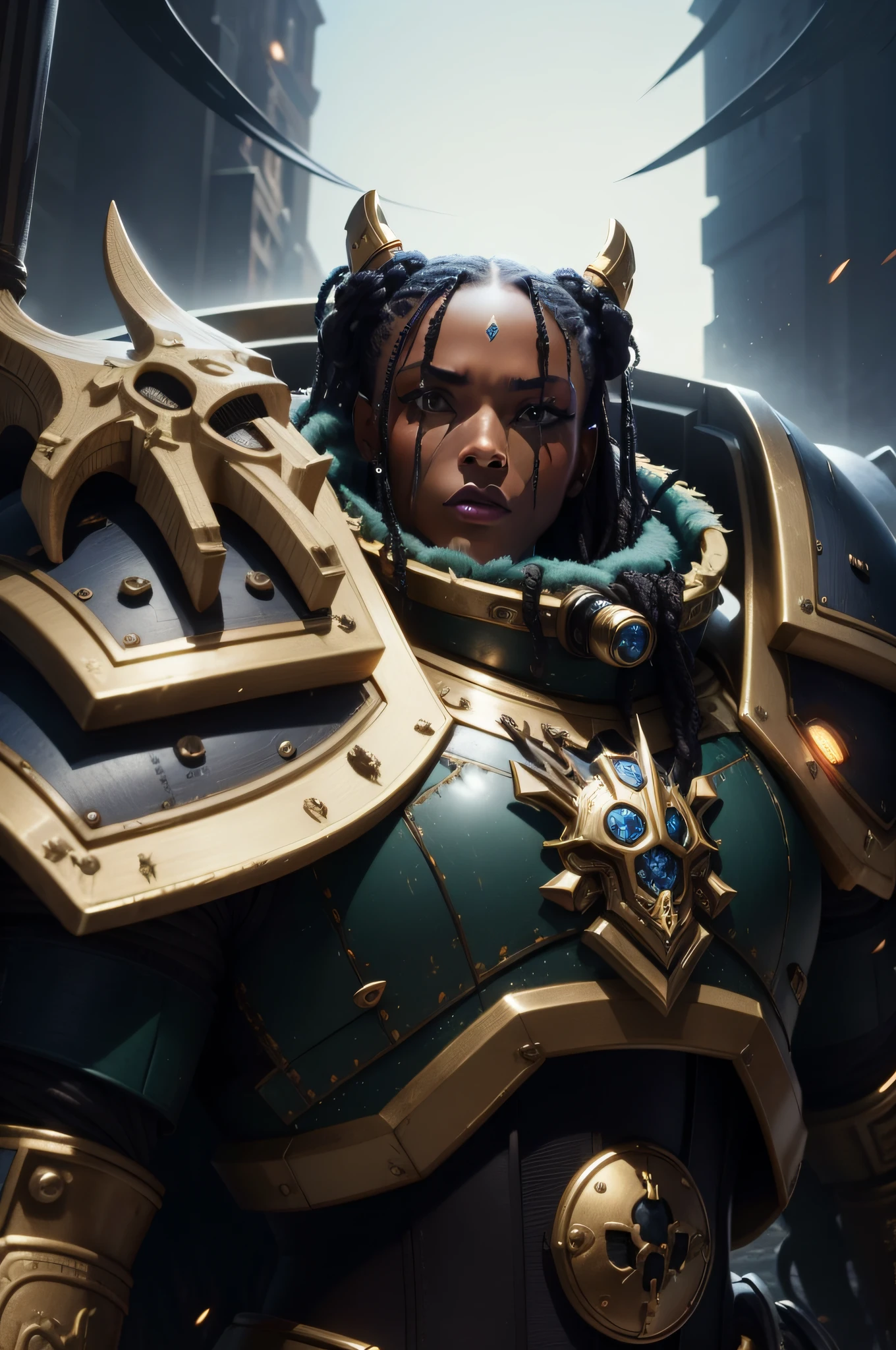 30 year old women, fabulous, gorgeous, best quality, 8k, Dark African, long dreadlock hair, blue eyes, aggressive facial expression, space marine, Fujifilm, 12k, gothic, dark, ultra sharp, new armor