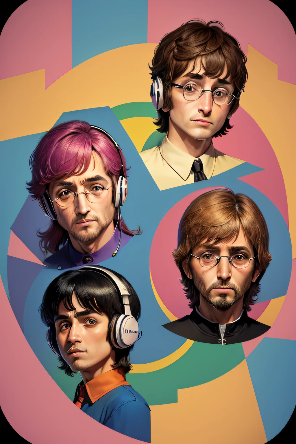 centered, isometric, ready-to-print vector t-shirt art highly detailed colorful graffiti illustration of John Lennon, Paul McCartney, George Harrison and Ringo Starr when they were children, wearing headphones, highly detailed faces, vibrant color, high detail, divided into four quadrants