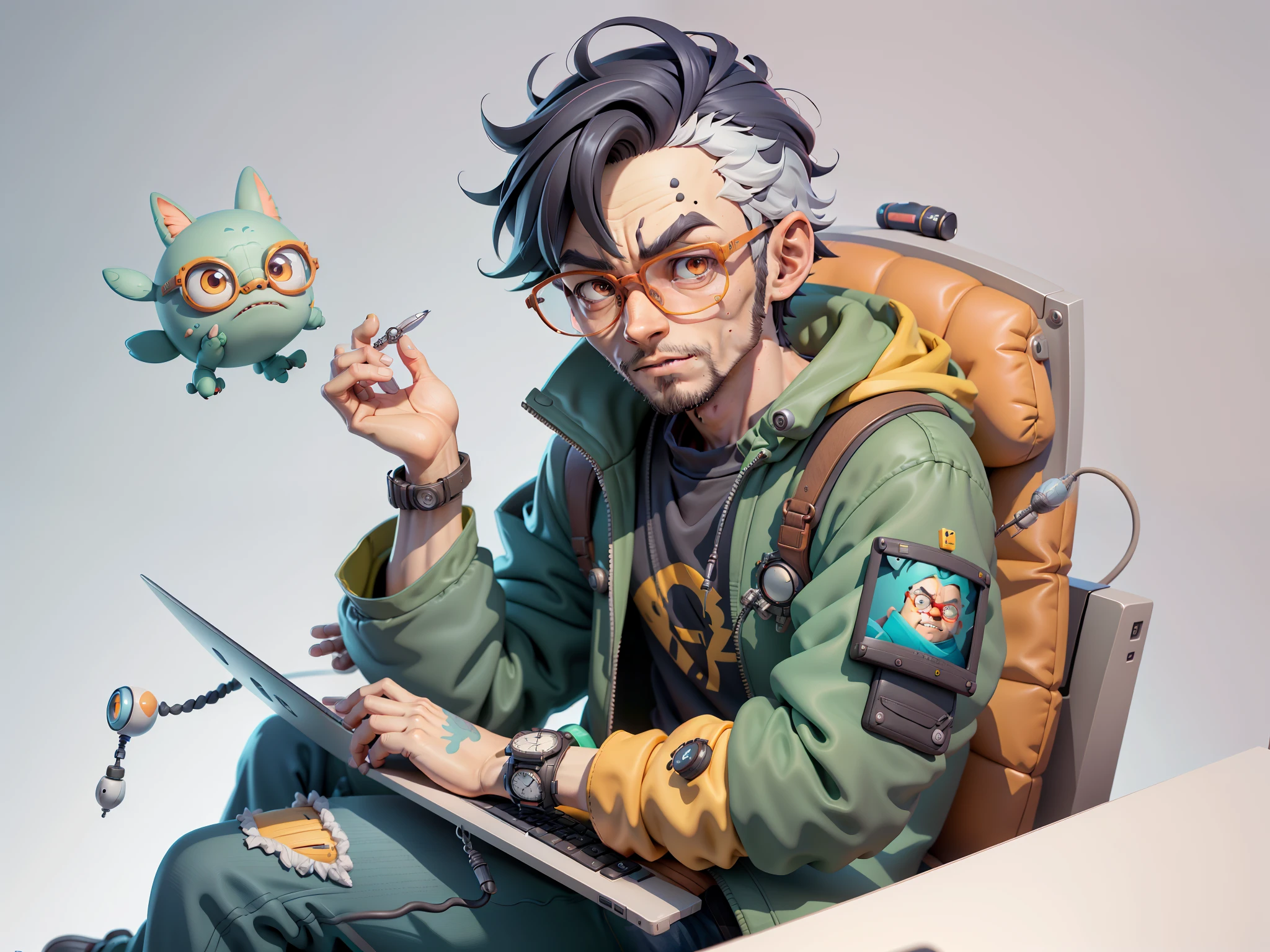 A young man with glasses sits at his desk，holding laptop，digitial painting，3D character design by Mark Clairen and Pixar and Hayao Miyazaki and Akira Toriyama，4K HD illustration，Very detailed facial features and cartoon-style visuals。