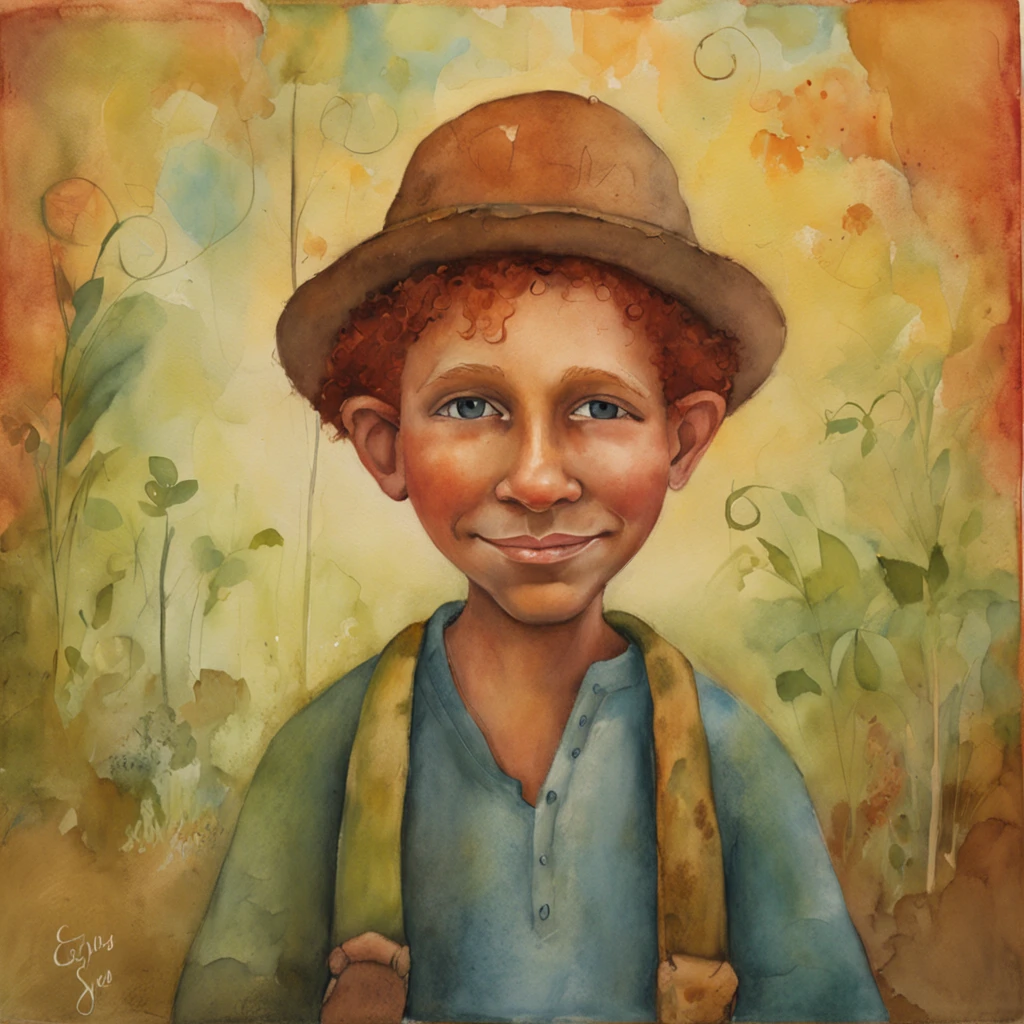 The character I'm going to create to illustrate the book is a red-haired boy with freckles, and he's a shepherd of sheep. Ele se chama Davi e mora e cuida das ovelhas no campo. David tem cabelos ruivos cacheados e muitas sardas no rosto, o que o torna muito fofo. Ele usa roupas estilo as de Jesus. He is brave and loves to take care of his sheep. Always with a wooden staff in his hand and a cheerful expression on his face, David passeia pelos campos verdes, singing lullabies to soothe your sheep. He's a lovely character who teaches kids about care and responsibility. Desenho estilo aquarela.
