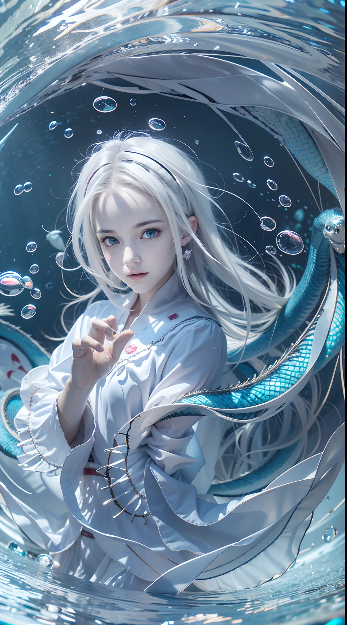 Double whirlwind pattern design garment，Heterochromic pupils，Silver-haired girl，Partial underwater photography，Look up，Protagonist perspective，Water Dragon Magic，light particules，Mixed exposure，wallpaper hd