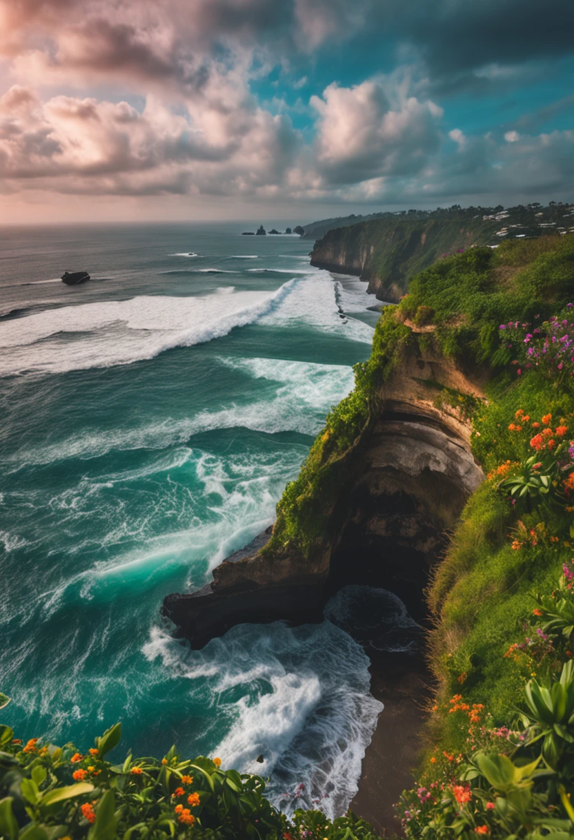 An ultra-realistic photo of uluwatu bali cliff with strong wave, cliff is covered with tiny flowers and green leaves, shiny morning, hindu temple, cave, sand, ocean, surfers