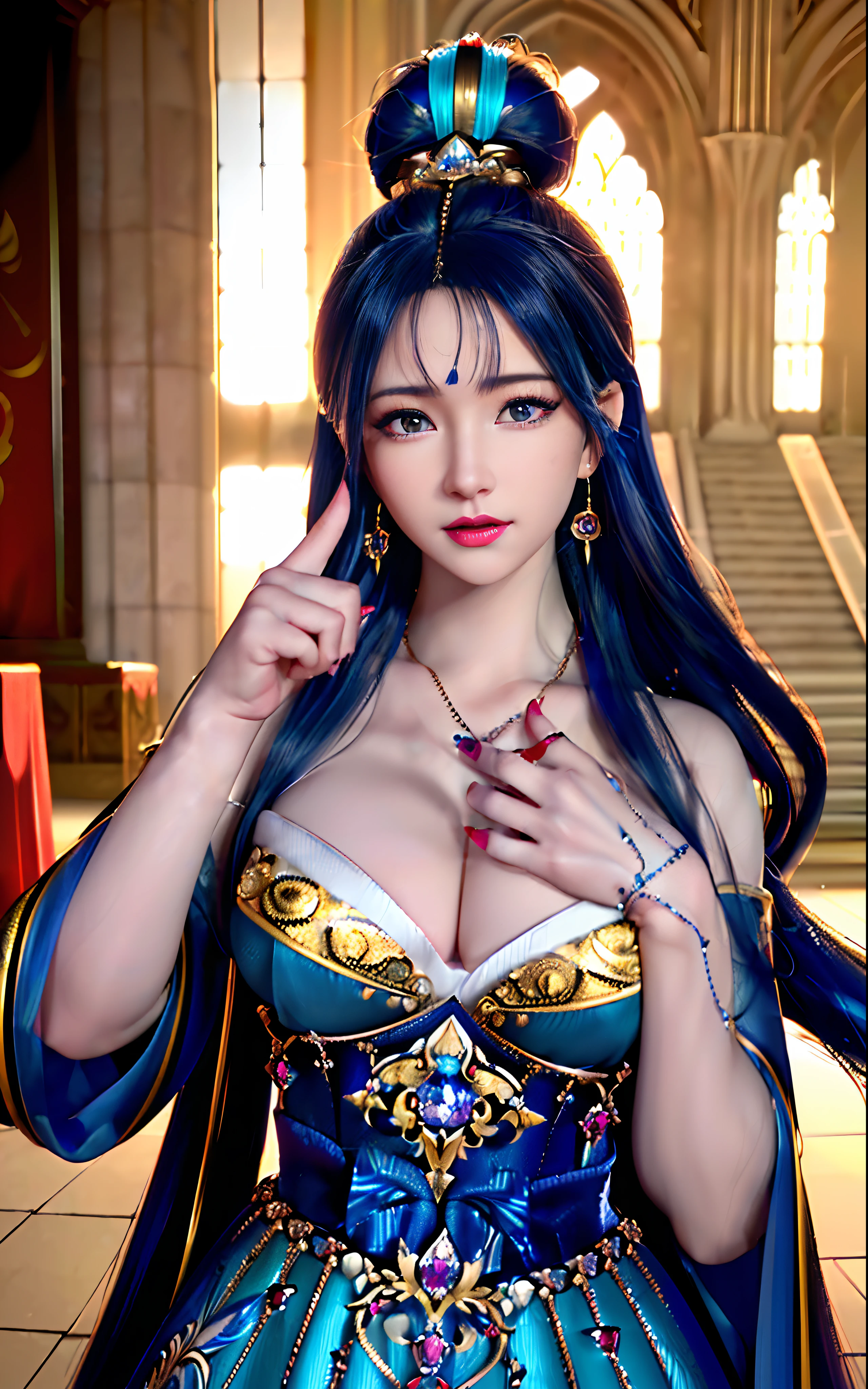 ((realisticity: 1.2)), ((realistic: 8K UHD)), ((best resolution: 8K UHD)), hyper detailed, best quality,masterpiece,highres,cg, ((1 girl hyper detailed and hyper realistic) ) , ((beautiful queen, hyper realistic and hyper detailed)),((white skin, beautiful, smooth, youthful, hyper realistic and hyper detailed )), ((Face hyper beautiful, white, hyper realistic and hyper detailed ) ), long hair, ((hyper realistic and hyper detailed dress)), solo, ((hyper realistic, hyper beautiful, beautiful and hyper detailed jewelry)), ((hyper beautiful deep red and golden yellow dress, hyper realistic and hyper detailed )) , ((Her pretty, hyper realistic, hyper detailed diamond filled earrings)), ((Her gorgeous diamond haircut, hyper realistic and hyper detailed)), ((hyper pretty upper body, hyper beautiful, hyper realistic and hyper detailed) ), ((medium breast: 1.1)), ((hyper realistic, hyper pretty, hyper detailed boobs)), ((the backgroun of the royal palace is hyper majestic, hyper realistic and hyper detailed)),((hands and palms hyper beautiful, hyper detailed, hyper realistic)), ((hyper detailed and hyper realistic fingers and fingernails)), ((hyper pretty fingernails, hyper vivid, hyper detailed, hyper realistic)), ((thumb, index finger, middle finger, ring finger, little finger hyper vivid, hyper pretty, hyper detailed, hyper realistic)), ((hyper beautiful fingers, hyper detailed, and hyper realistic)), ((posture not too fat and not too thin, hyper realistic, hyper detail)), ((hyper pretty, hyper pretty, hyper realistic and hyper detailed hair bun)), ((hyper pretty , hyper realistic and hyper detailed blue hair)), candid, Photo, high resolution, 8k , bokeh,