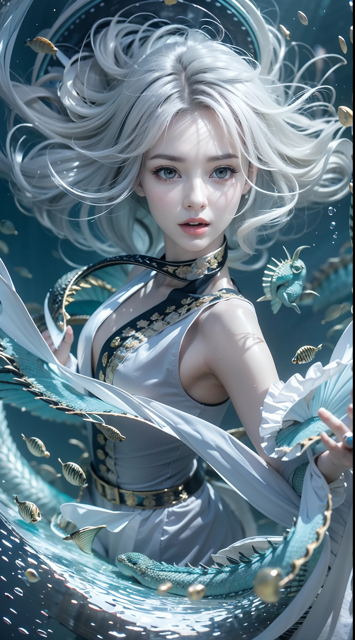 Double whirlwind pattern design garment,Heterochromic pupils,Silver-haired girl,Partial underwater photography,Look up,Protagonist perspective,Water Dragon Magic,light particules,Mixed exposure,wallpaper hd