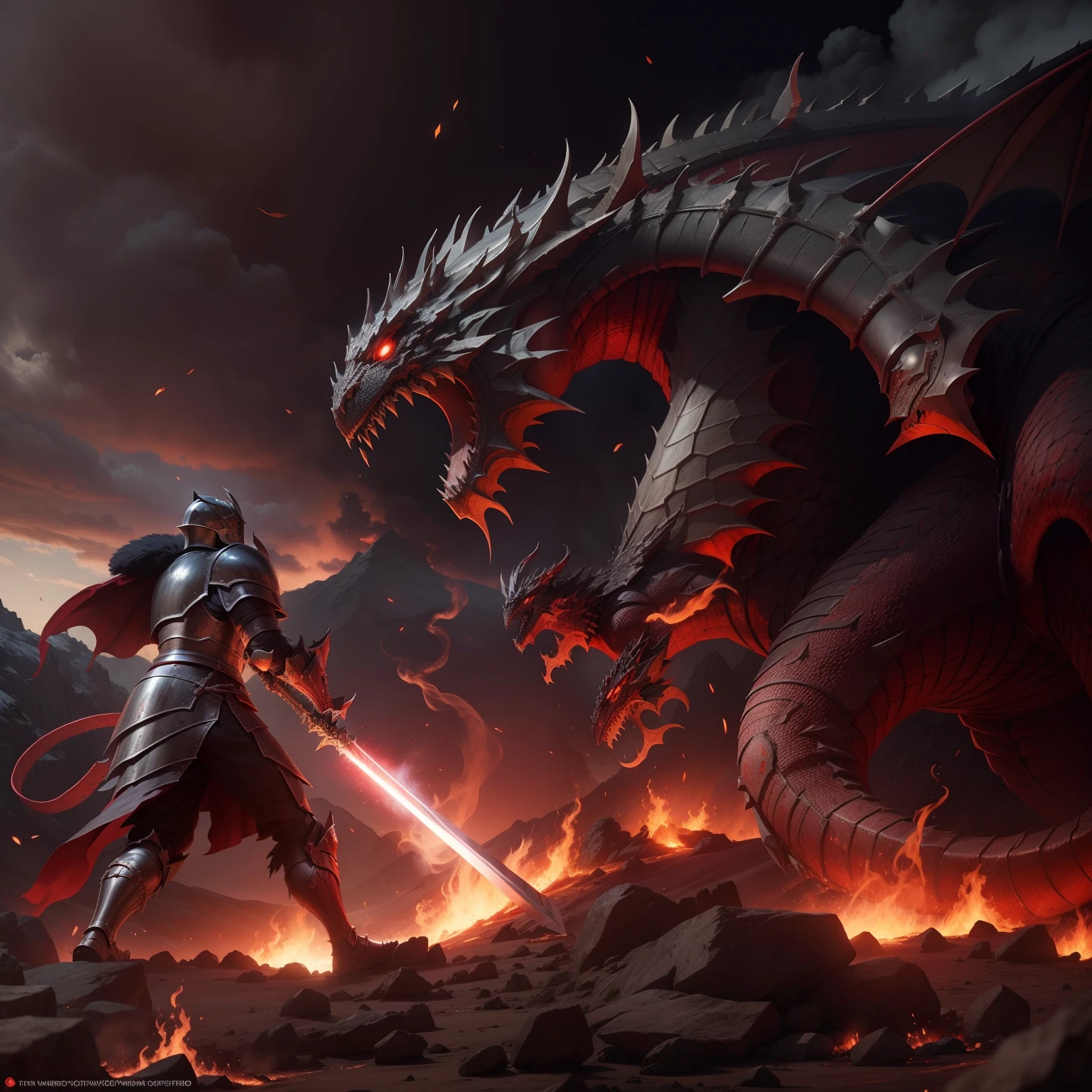 Armoured Knight of old English yore facing off against a giant red dragon, Smaug, smoke and fire, under a mountain, sword and shield, heraldry of sun and moon, dark and foreboding, knight is bathed in light, fire breathing, masterpiece, 8k, uhd, cinematic,