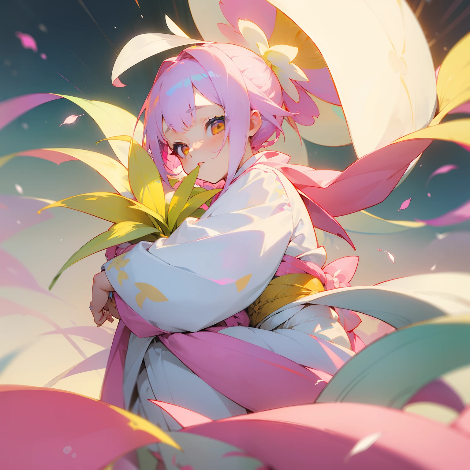 (Beautifully Aesthetic:1.2)、(1girl in:1.3)、(Colorful hair with white and pink and yellow:1.2)、Wearing a colorful white kimono、Bulbophyllum flower、Thanks、faithful、tenderness, empathy、Section、sacredness、Beautiful fece、doa、
