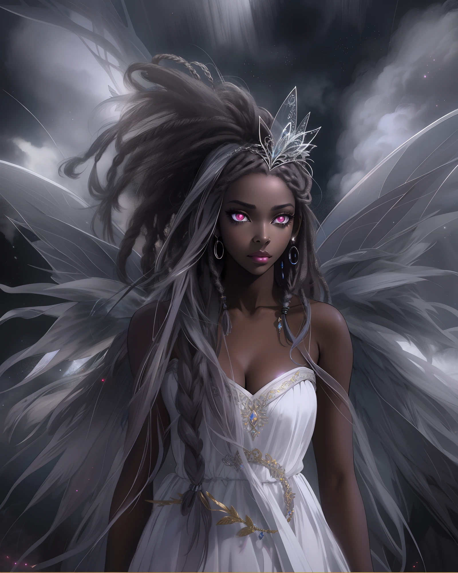 sad hyper realistic, beautiful sad african american dark cloud fairy sark princess fairy, large fairy wings, long silver shiny dreadlocks,white glowing eyes eyes, surrounded my dark thick smoke with silver linings, GIANT FAIRY WINGS, holding a white storm cloud, masterpiece, cinematic,