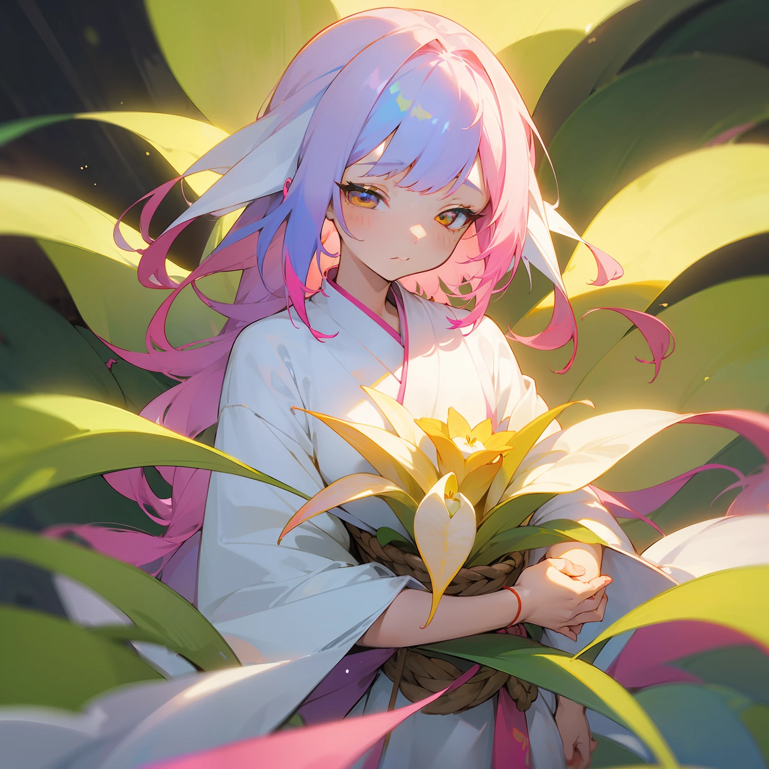 (Beautifully Aesthetic:1.2)、(1girl in:1.3)、(Colorful hair with white and pink and yellow:1.2)、Wearing a colorful white kimono、Bulbophyllum flower、Thanks、faithful、tenderness, empathy、Section、sacredness、Beautiful fece、doa、