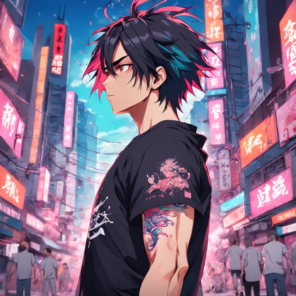 homem forte, estiloso, com camiseta regata, tatuagens orientais pelo corpo, sunglasses, cabelos rosa claro, samurai coke style cut and gradient, com arma fuzil M4, Futuristic City in Chaos Background, 4k realista.