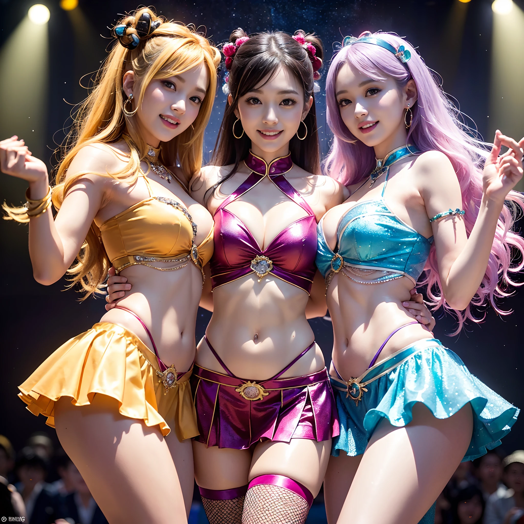 (Supervision CG, Unified 8K Wallpaper), (masutepiece), (Best Quality), (Super Detail), (Best Shadow), (Photorealistic:1.5), Realistic human skin, Lens Flare, Shade, Backlight, bloom, depth of fields, Natural light, Hard Focus, Film grain, Neat and pretty body shape, Slender waist, (Happy smile:1.5), (Very detailed eyes and face), large earring, (Very cute), (Big eyes), (thin legs), (Beautiful Detail Face), (Beautiful detail eyes), (Japan idol groups:1.5), 17 years old, Gal, (Different styles and colors of hair:1.3), (Different styles and colors of hair: 1.3) (Different styles and colors of hair: 1.2),(Realistic background,Live Stage,audience ,Starry Night,More audience:1.5),thin legs,thin waist,Thin thighs, Beautiful Detail Lip,symmetrical lips,alluring face,(Huge breasts:1.5), (symmetrical lips:1.2), (Leaning forward, revealing cleavage, Cowboy Shot: 1.5), (Three Girls, threesome,Sing with a microphone,Gorgeous々Colorful and very cute dresses, Gorgeous and seductive bare shoulder ruffle top,idol costume,Dancing hard、Sing with a microphone:1.5),(Beautiful detailed oval face,a small face:1.3), (Beautiful detailed big eyes), (masutepiece: 1.4, Highest Quality), (masutepiece, Highest Quality), (photographrealistic: 1.4), Perfect Anatomy, Correct anatomy, Perfect proportions, Perfect face, Perfect hands, Perfect legs, Perfect fingers, Perfect hands, Perfect Abs, (Natural makeup: 1.2), sluggish,(Gorgeous and flashy々Colorful idol costumes:1.5),