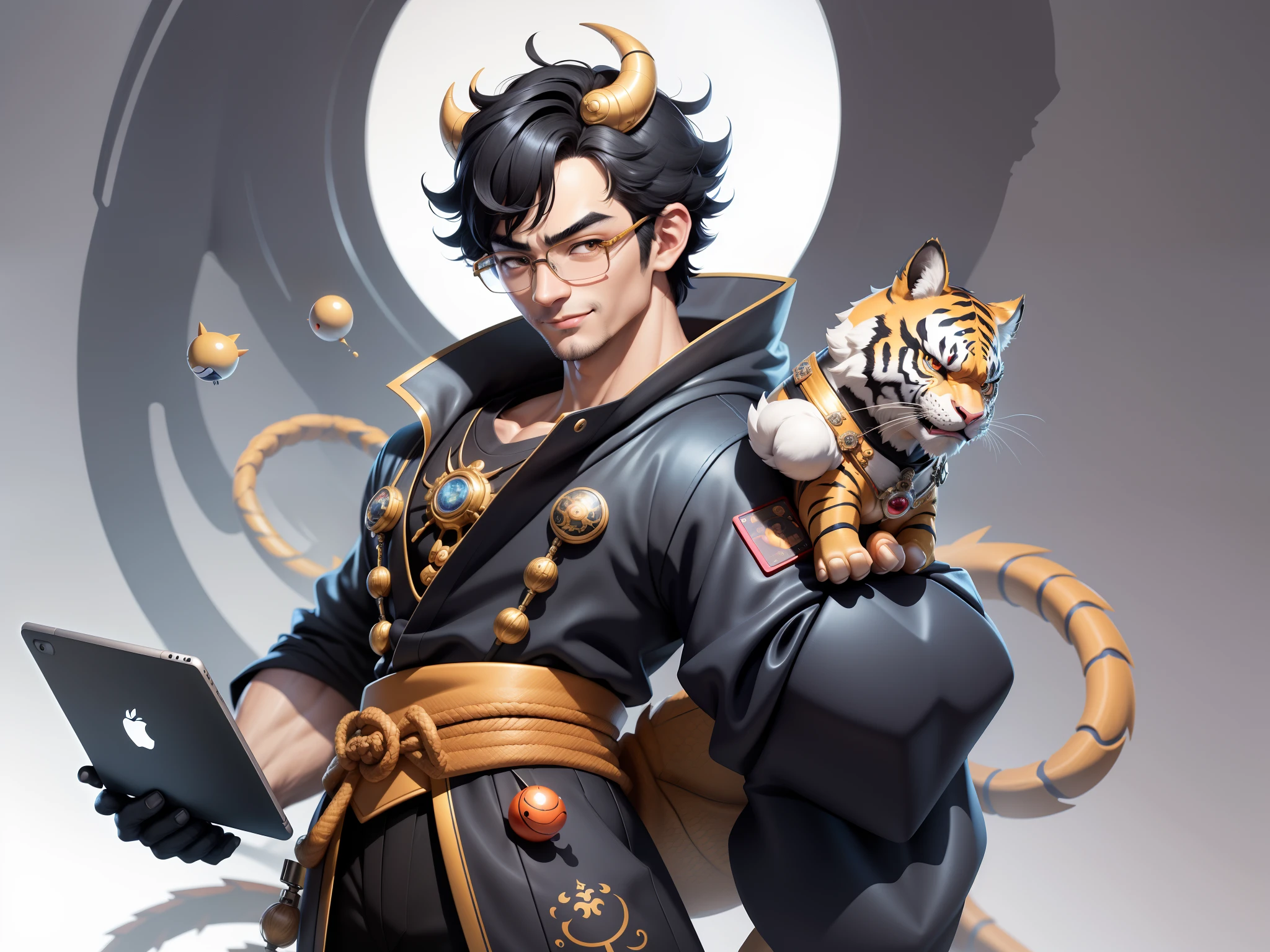 Young man with oriental face in leather hat, dragon, formal suit, short black hair, silver glasses, digital painting, 3D character design by Mark Clairedon and Pixar and Hayao Miyazaki and Akira Toriyama, the illustration is a high-definition illustration in 4K resolution with very detailed facial features and cartoon-style visuals.