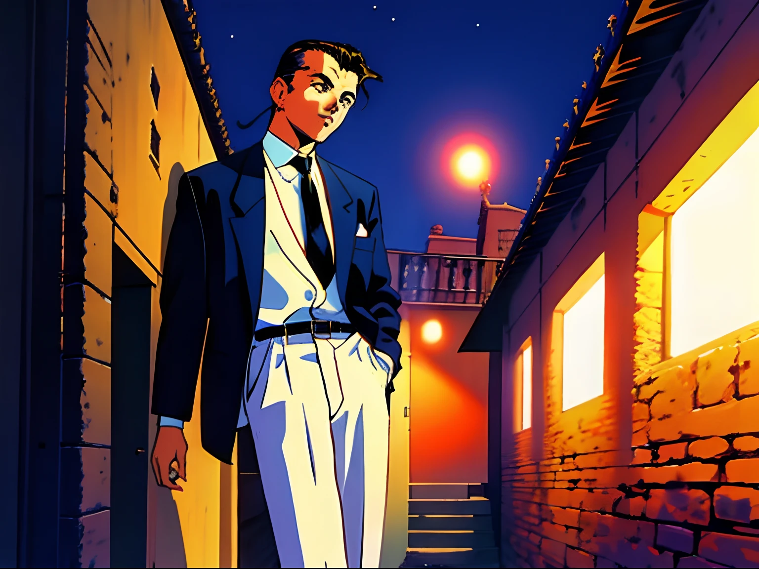 1990's \(estilo\) Frank Sinatra, Estilo de arte retro, Hombre viejo, RAW, obra maestra, Llevar traje elegante, fantasy, medieval, cielo nocturno, Pueblo nocturno, Dim lighting